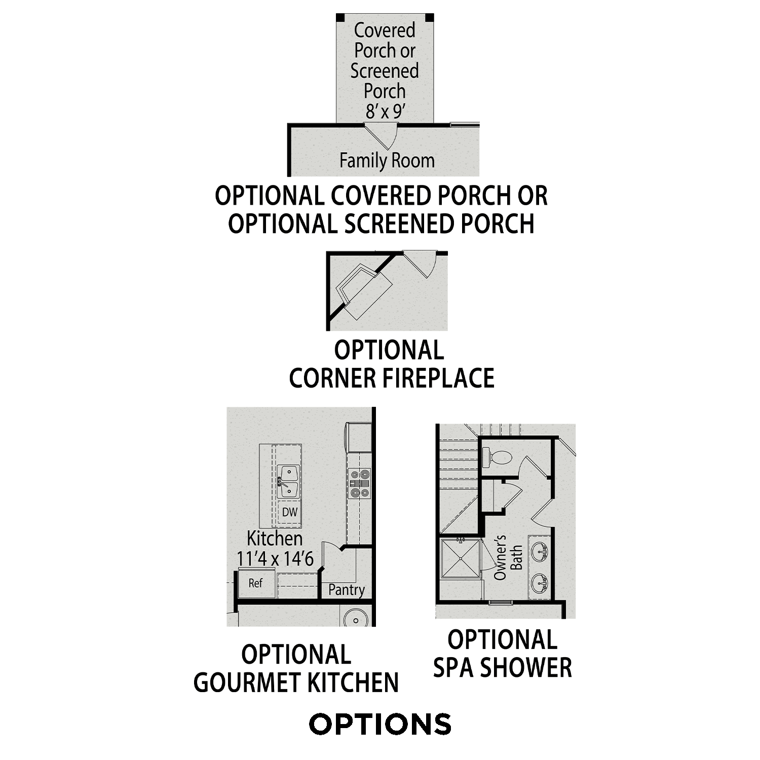 First floor plan of The Warren home design with 11x14 kitchen, family room, optional covered porch, and corner fireplace
