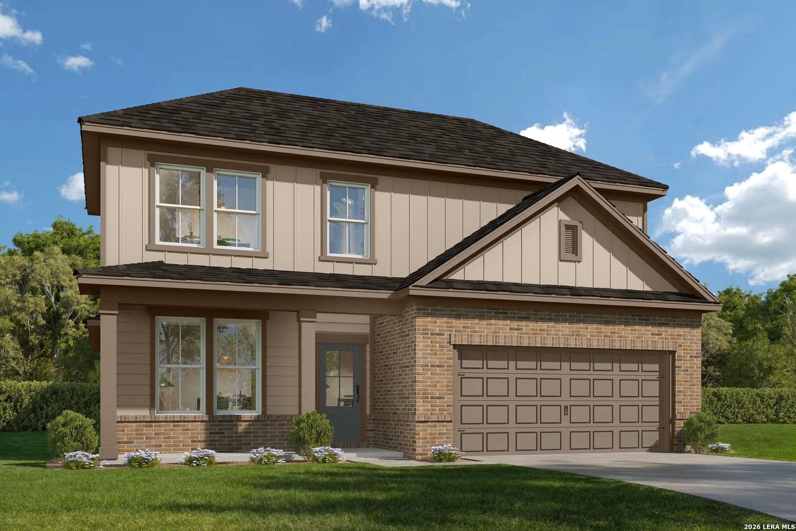 Two-story Ashport F floor plan by Davidson Homes featuring brick and siding exterior in Morgan Meadows, San Antonio, Texas.