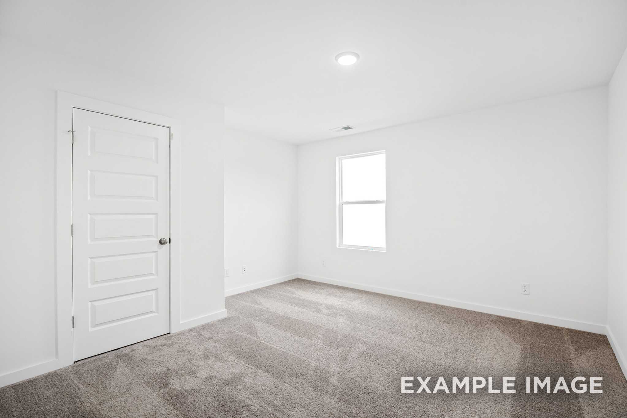 Spacious empty bedroom in The Grayson C featuring white walls, beige carpet flooring, paneled door, and large window