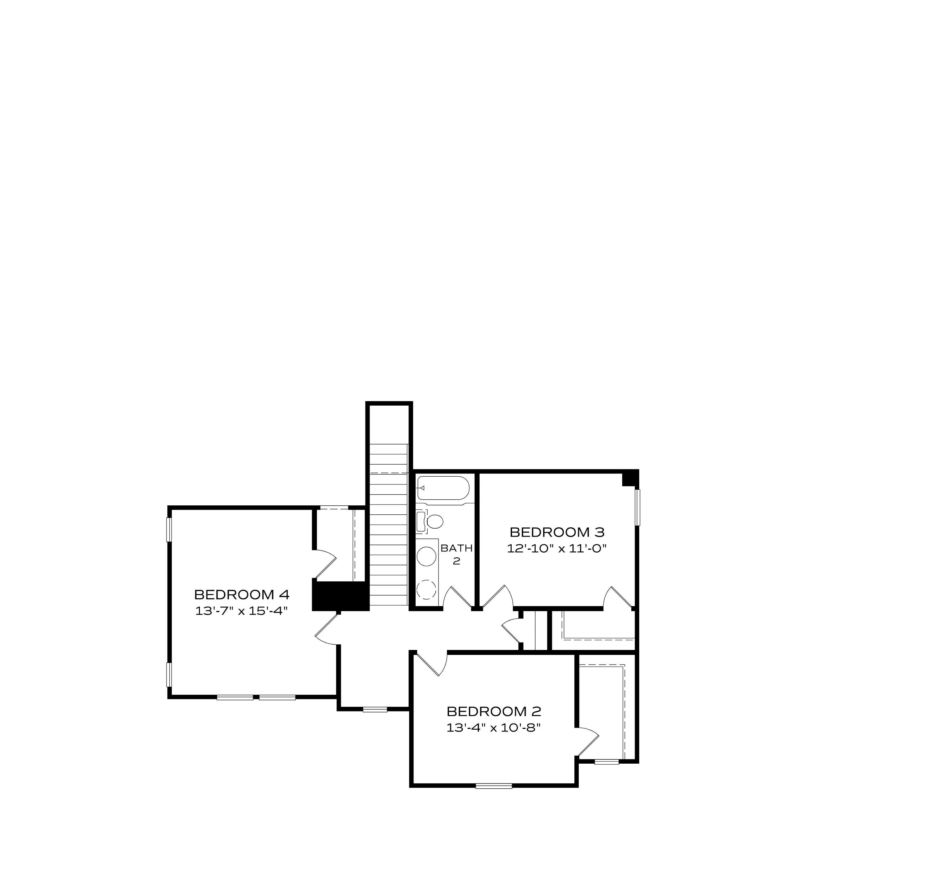 Second floor layout of The Stella showcasing three bedrooms, full bath with tub, and staircase access