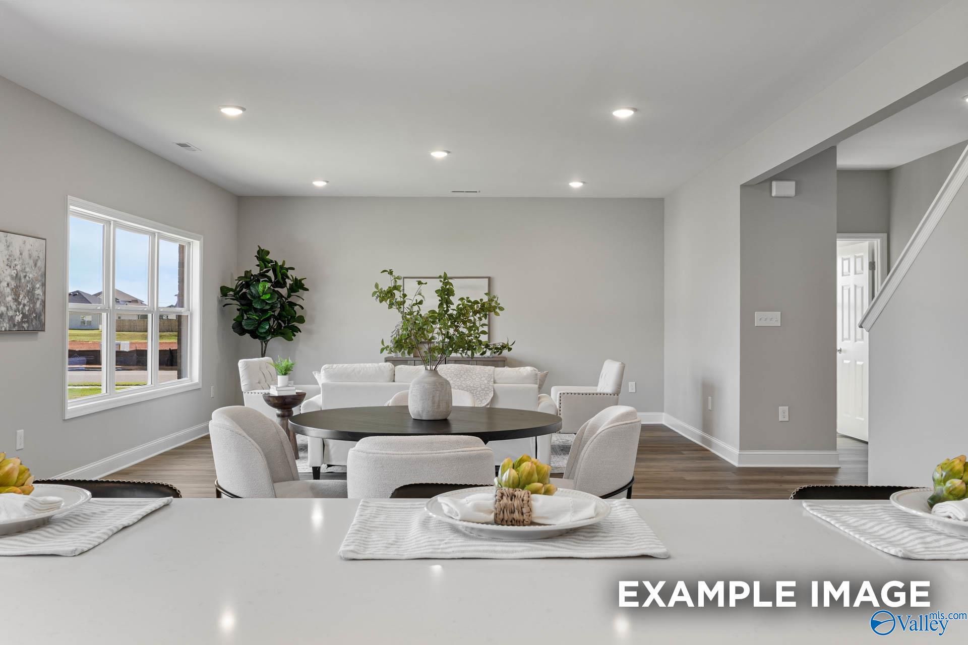 Modern open living-dining area with round table, white sofa, potted plants, and large windows in Davidson Homes Chelsea B, Toney, Alabama