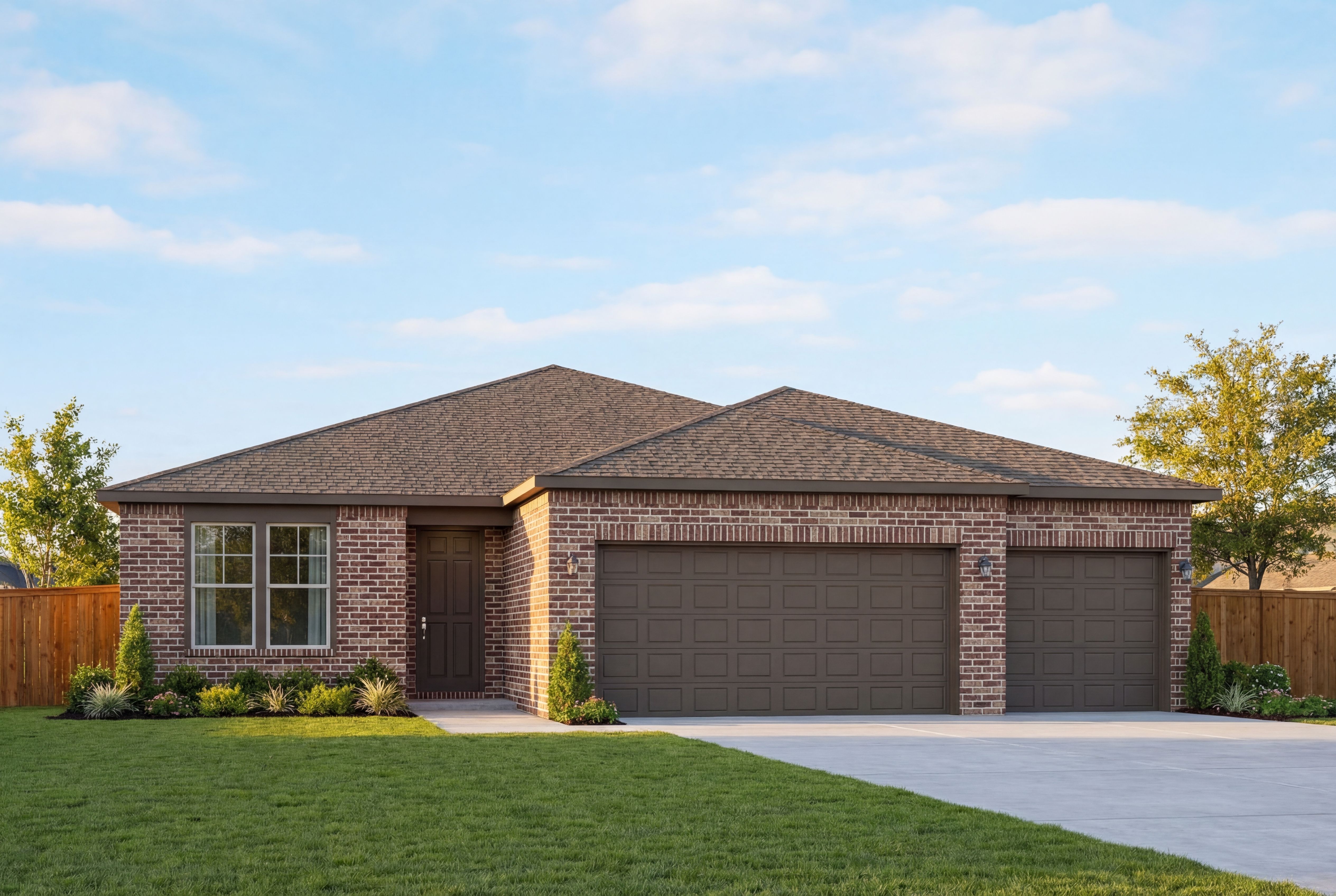 Single-story brick facade of The Lanier F home with gabled roof, 3-car garage, front entry, and landscaped yard