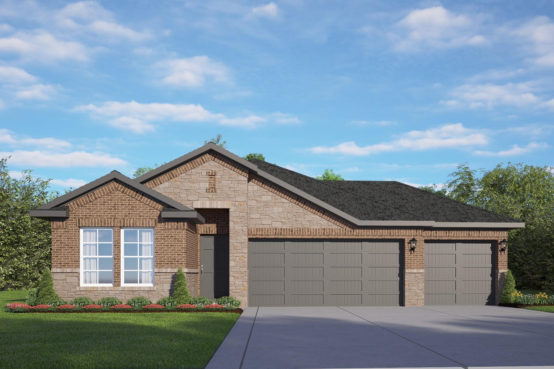 The Laguna C floor plan by Davidson Homes featuring a brick and stone exterior with a 3-car garage in River Ranch Meadows.