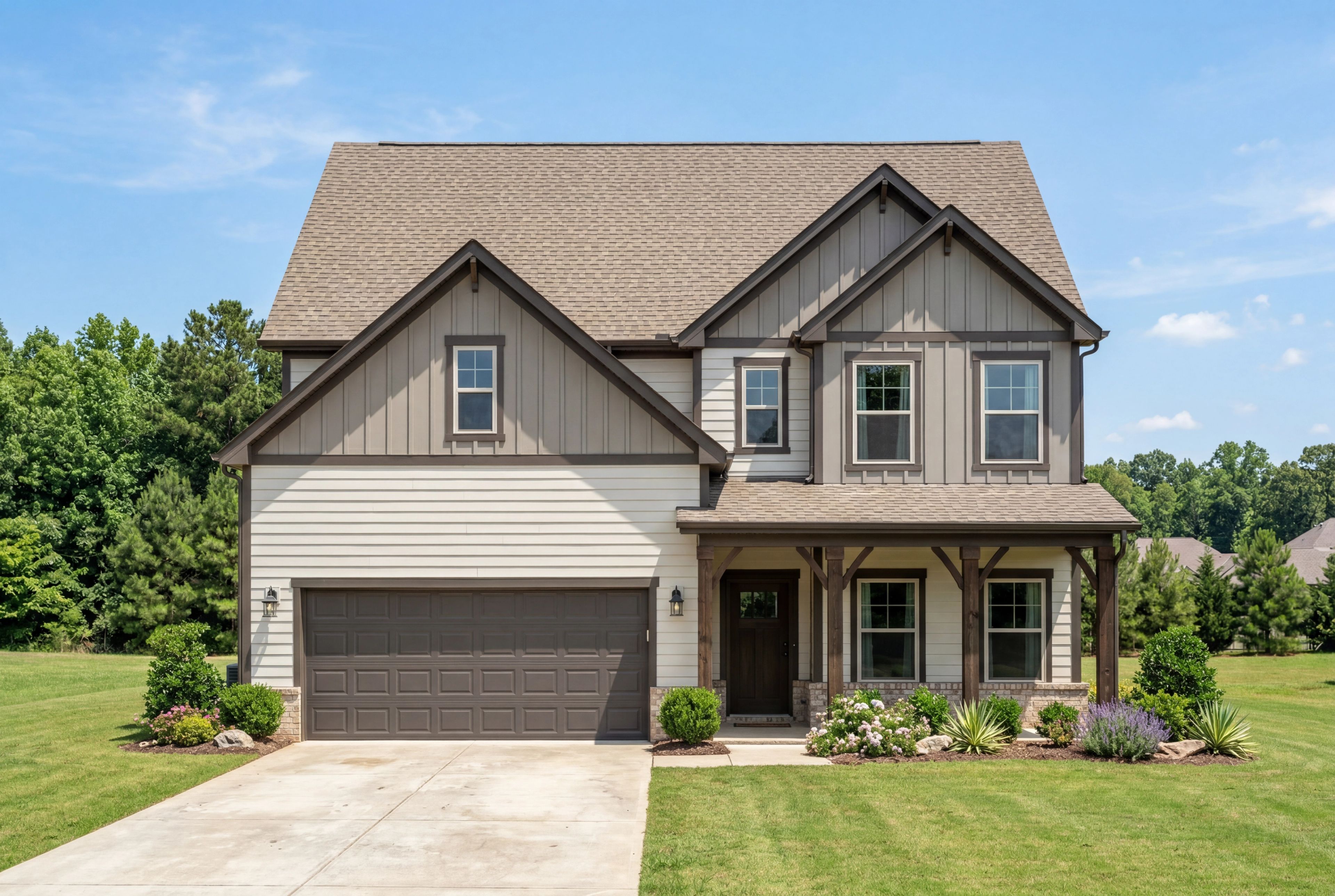Two-story Chelsea E home design by Davidson Homes in New Market, AL, featuring a modern exterior with a two-car garage.