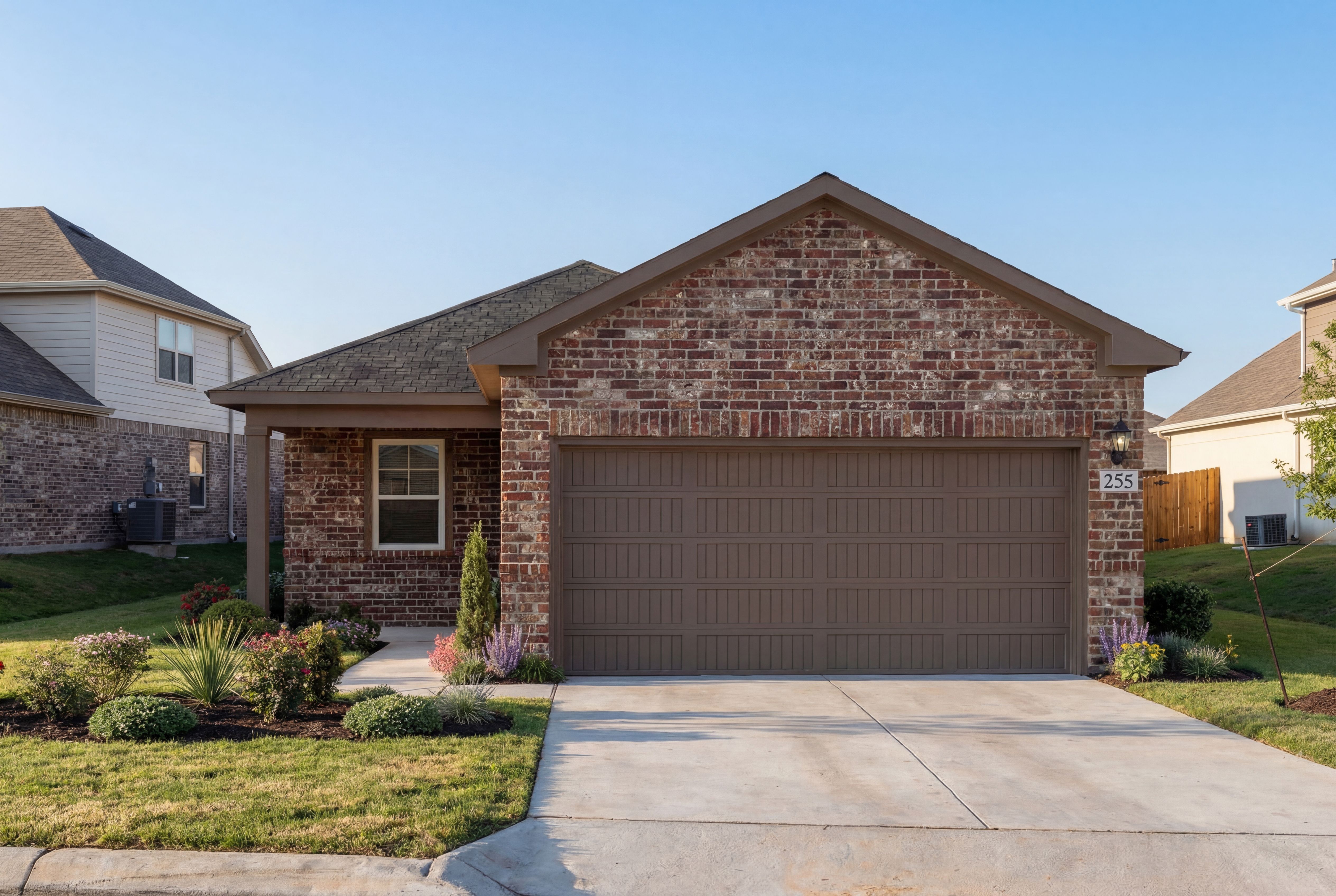 Brick exterior of The Comal 1-story home by Davidson Homes, featuring 2-car garage, front porch, and landscaped yard in Magnolia, TX