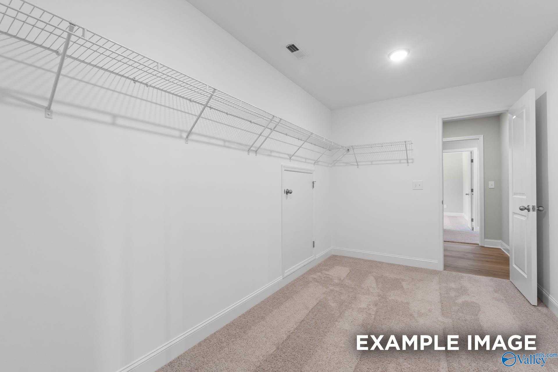 Spacious walk-in closet with white wire shelving and carpeted floor in Davidson Homes The Chelsea A, Athens, Alabama