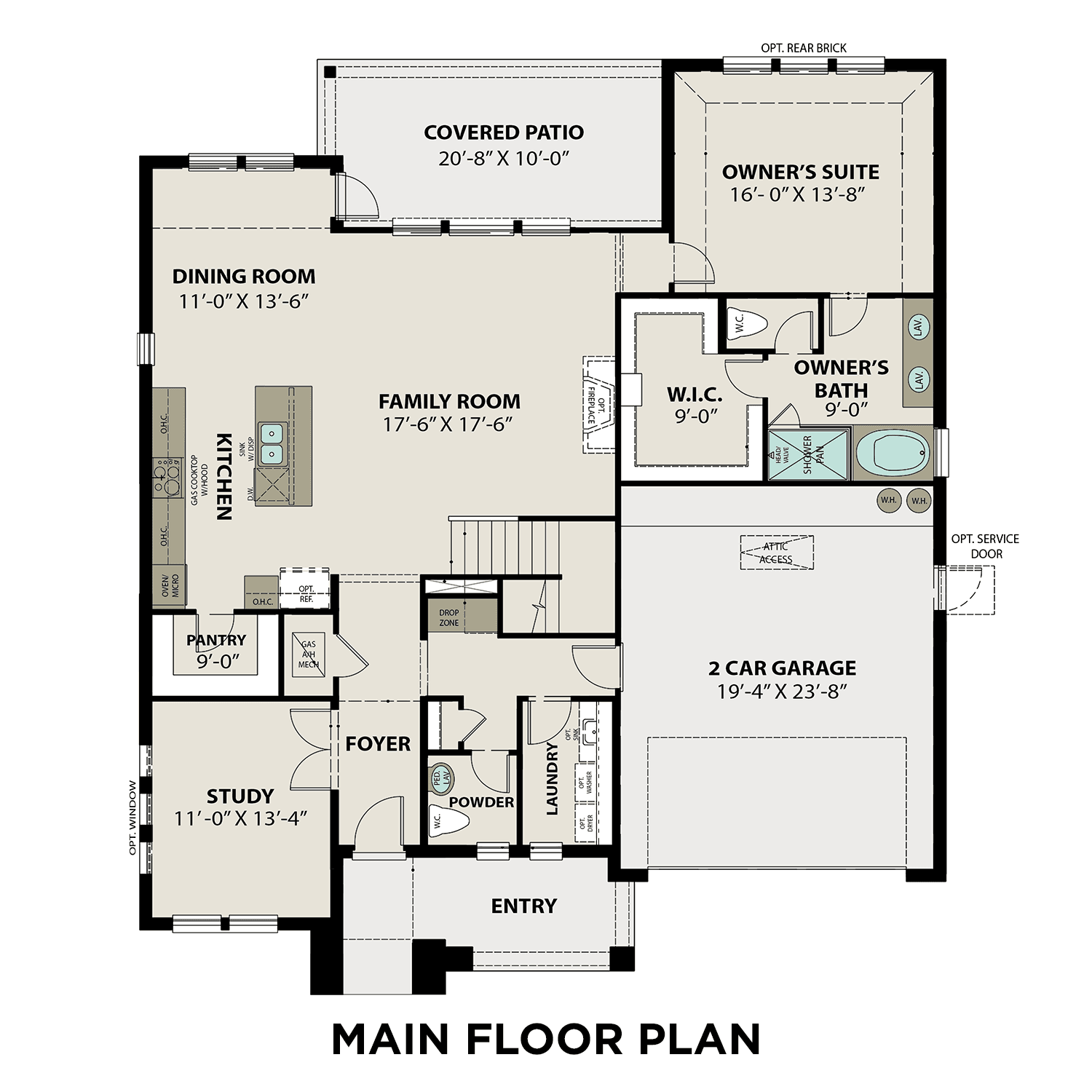 Main floor plan of The Philip C showcasing open kitchen, family room, master suite, and 2-car garage by Davidson Homes