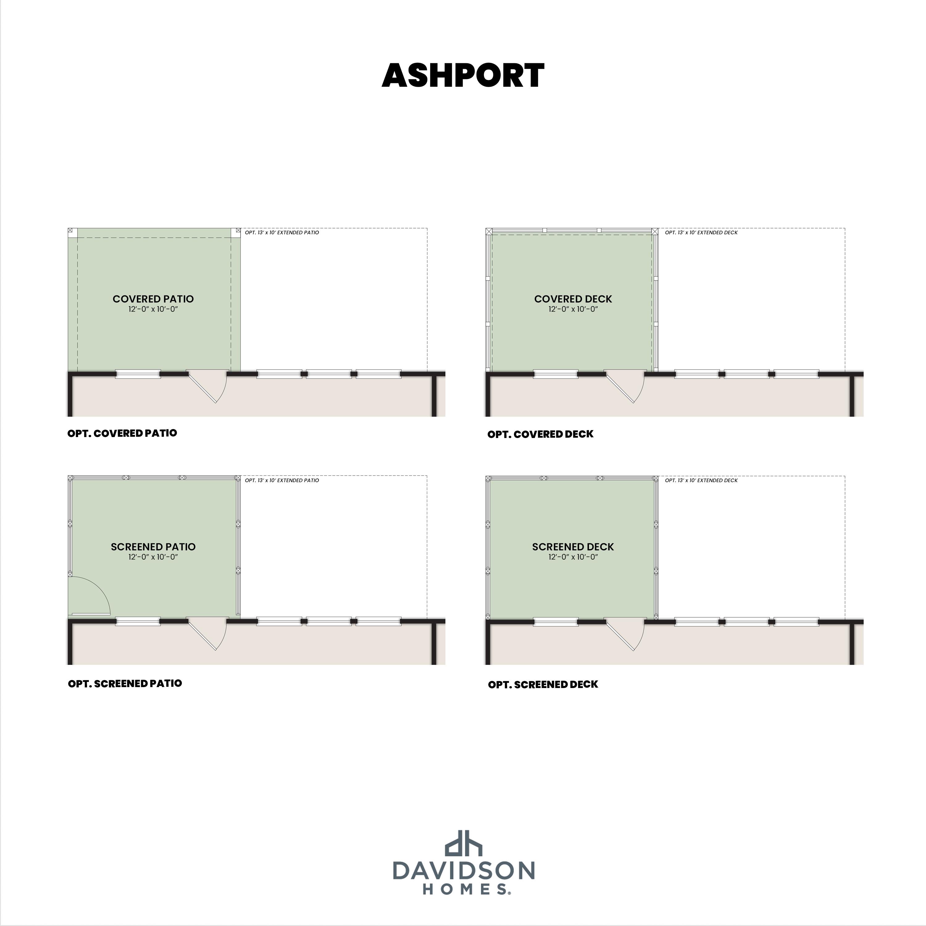 Optional outdoor living configurations for The Ashport by Davidson Homes, including covered and screened patio or deck plans.