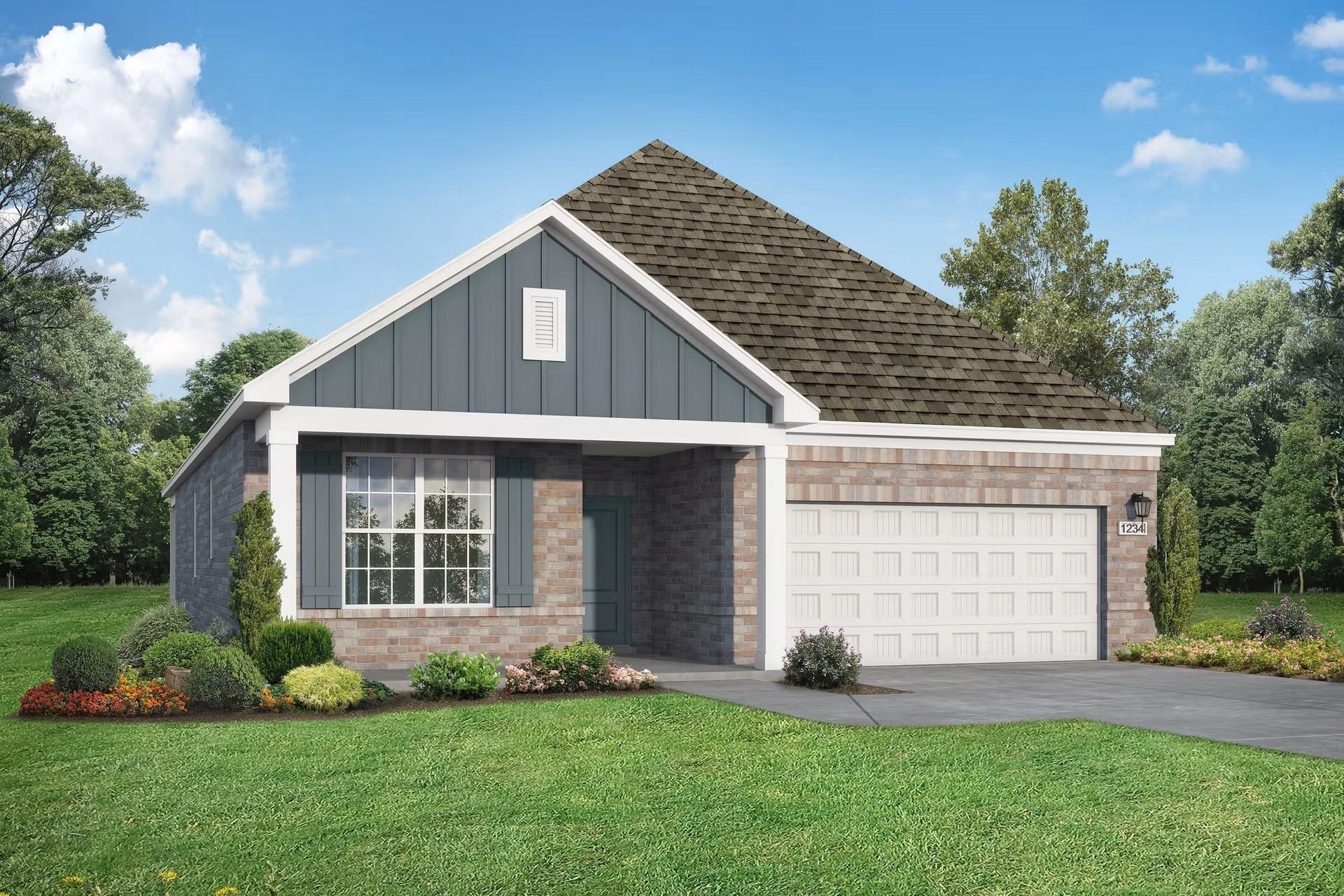 Modern 1-story Davidson Homes The Holly M with gray siding, brick facade, 2-car garage, and landscaped yard in Mercer Meadows, Royse City, Texas
