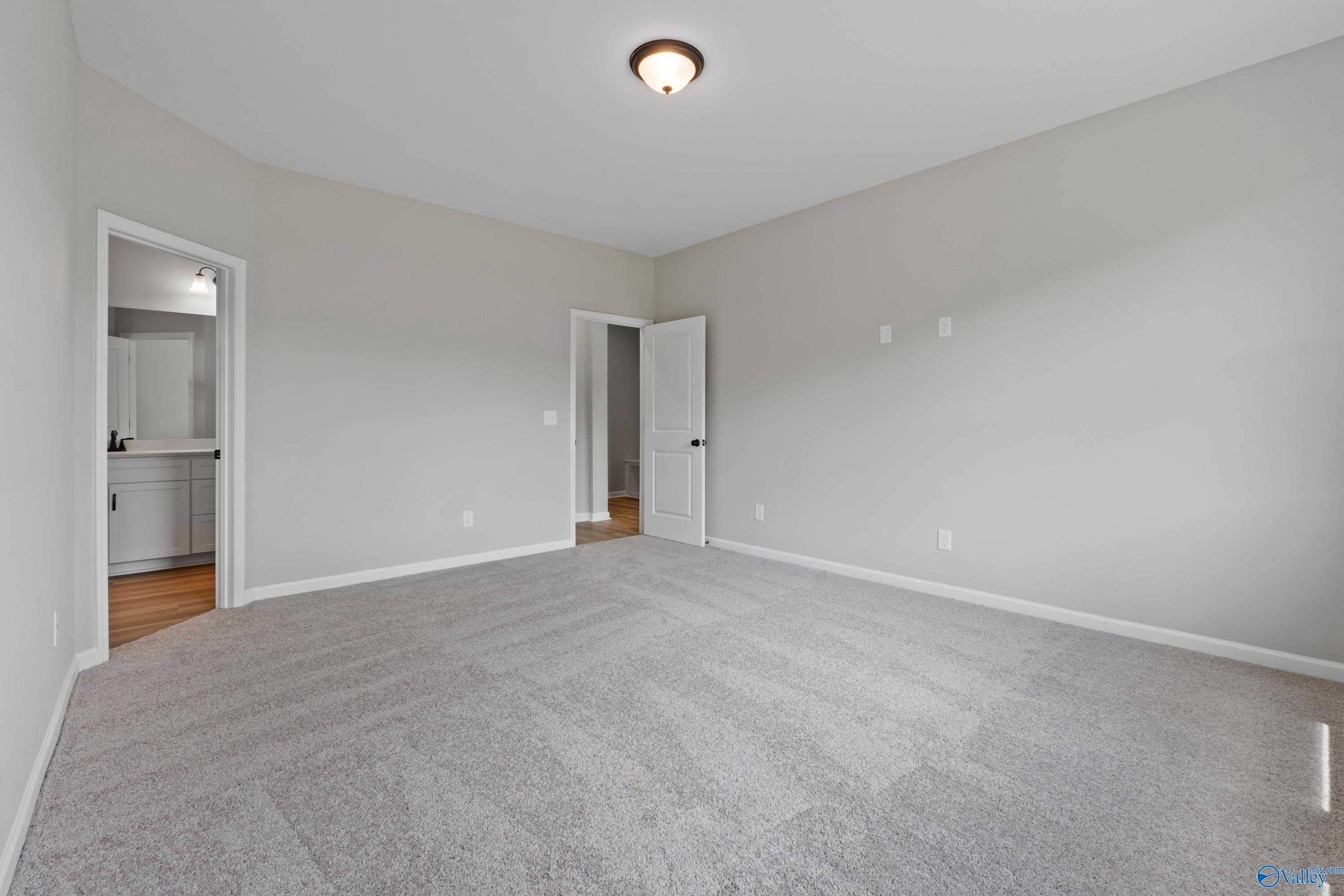 Spacious empty bedroom with gray carpet, neutral walls, and adjacent bathroom in The Dorado floor plan by Davidson Homes, Huntsville, AL