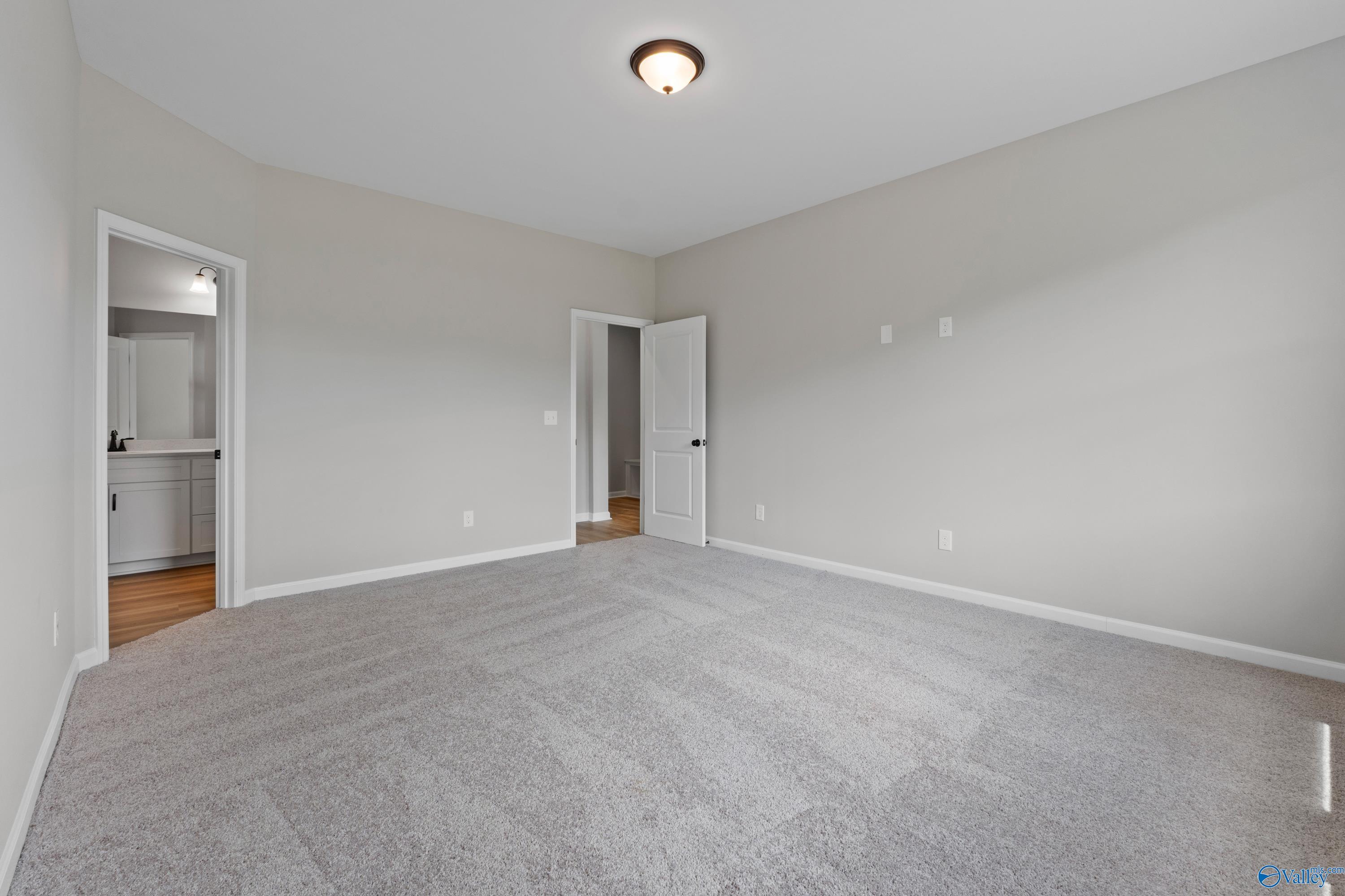 Spacious empty bedroom with gray carpet, neutral walls, and adjacent bathroom in The Dorado floor plan by Davidson Homes, Huntsville, AL