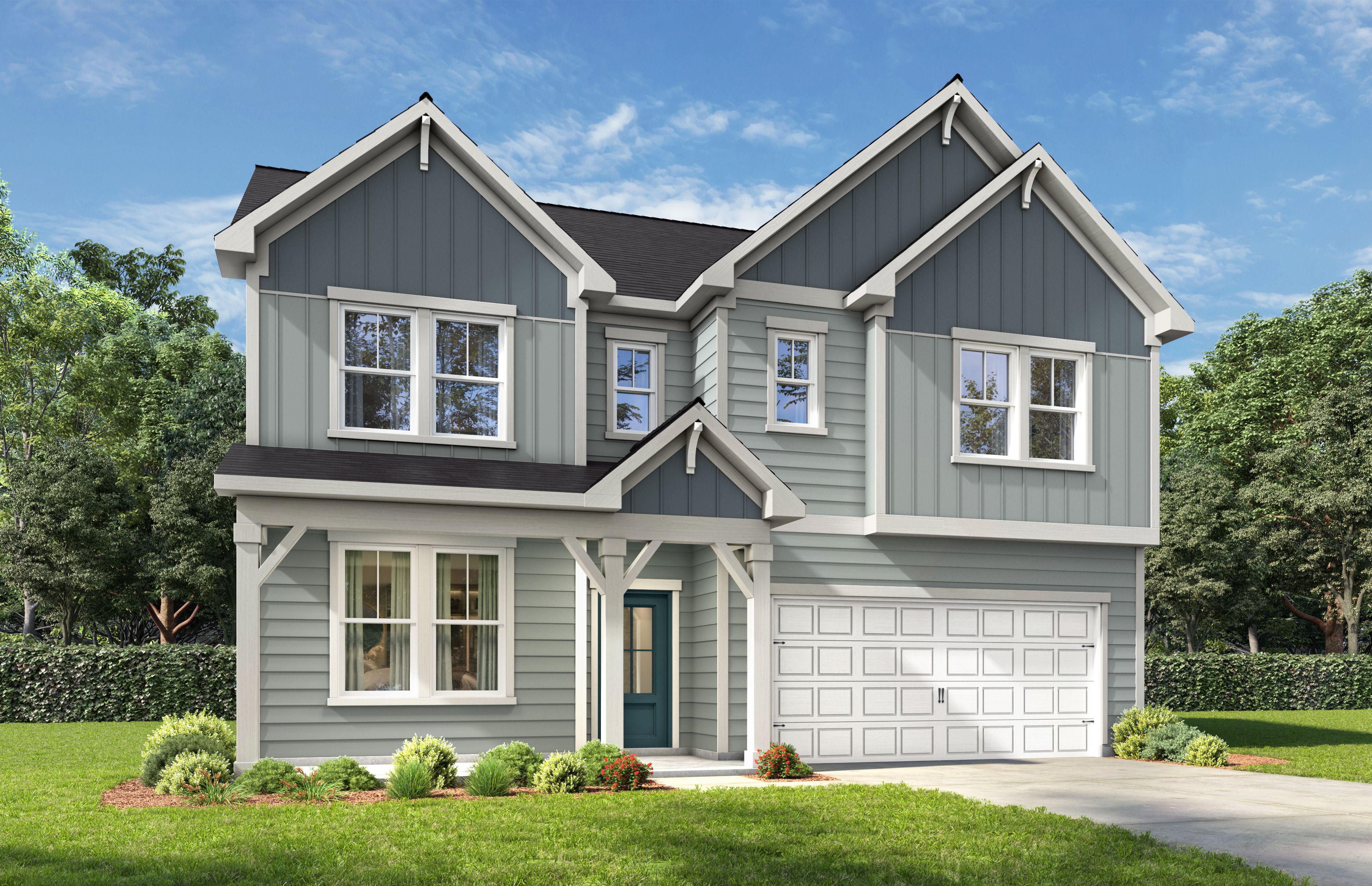 Two-story Beech B home design by Davidson Homes featuring a modern gray exterior, gabled rooflines, and a two-car garage.
