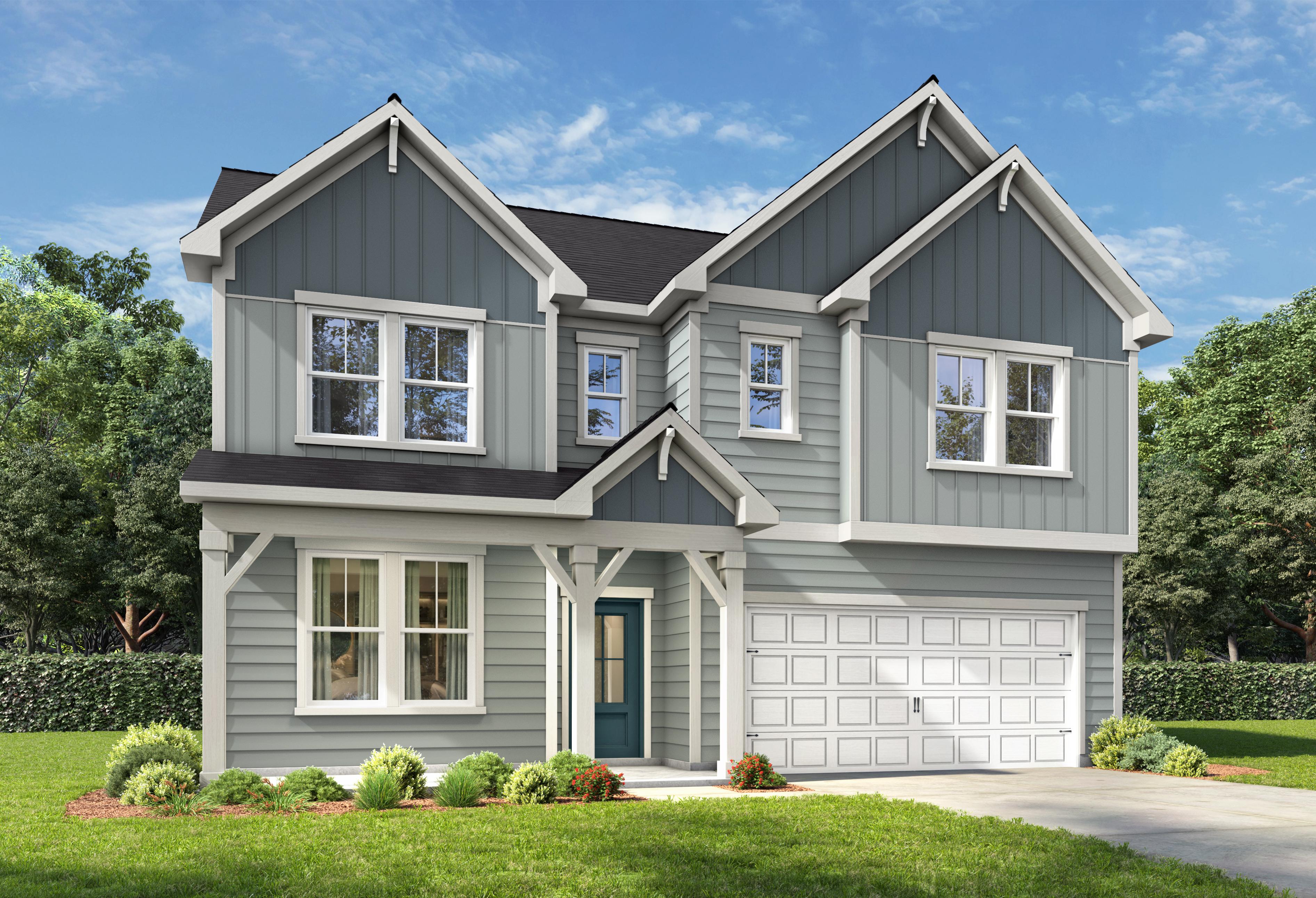Two-story Beech B home design by Davidson Homes featuring a modern gray exterior, gabled rooflines, and a two-car garage.