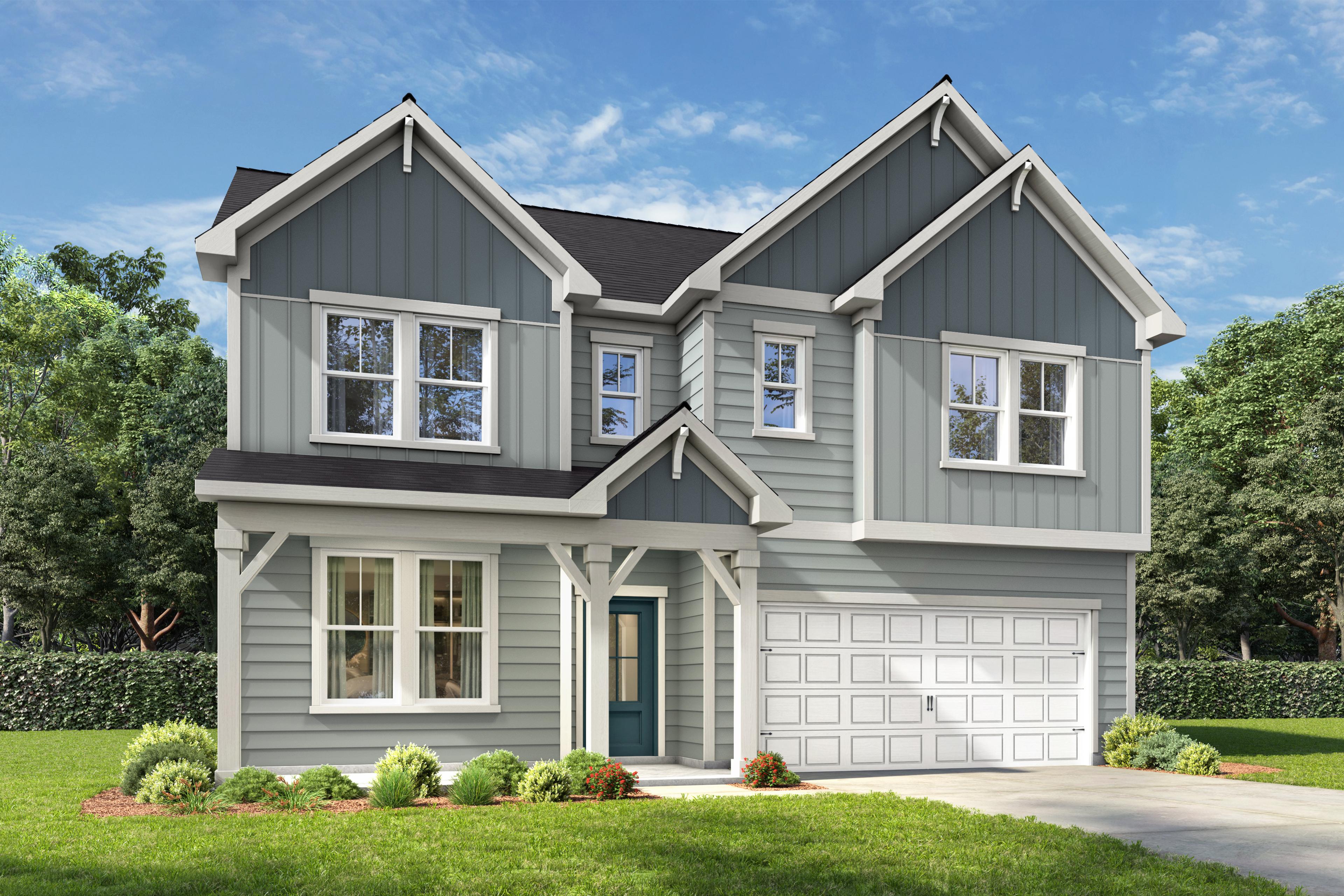 Two-story Beech B home design by Davidson Homes featuring a modern gray exterior, gabled rooflines, and a two-car garage.