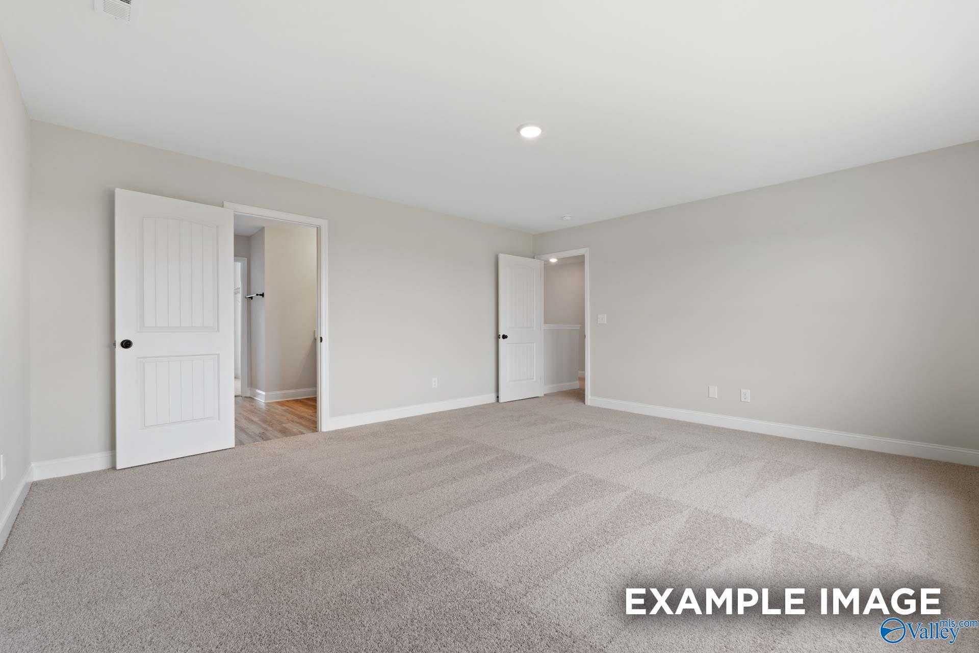Spacious empty bedroom with open bathroom door, light gray walls, plush carpet in Davidson Homes The Shelby A, Athens Alabama