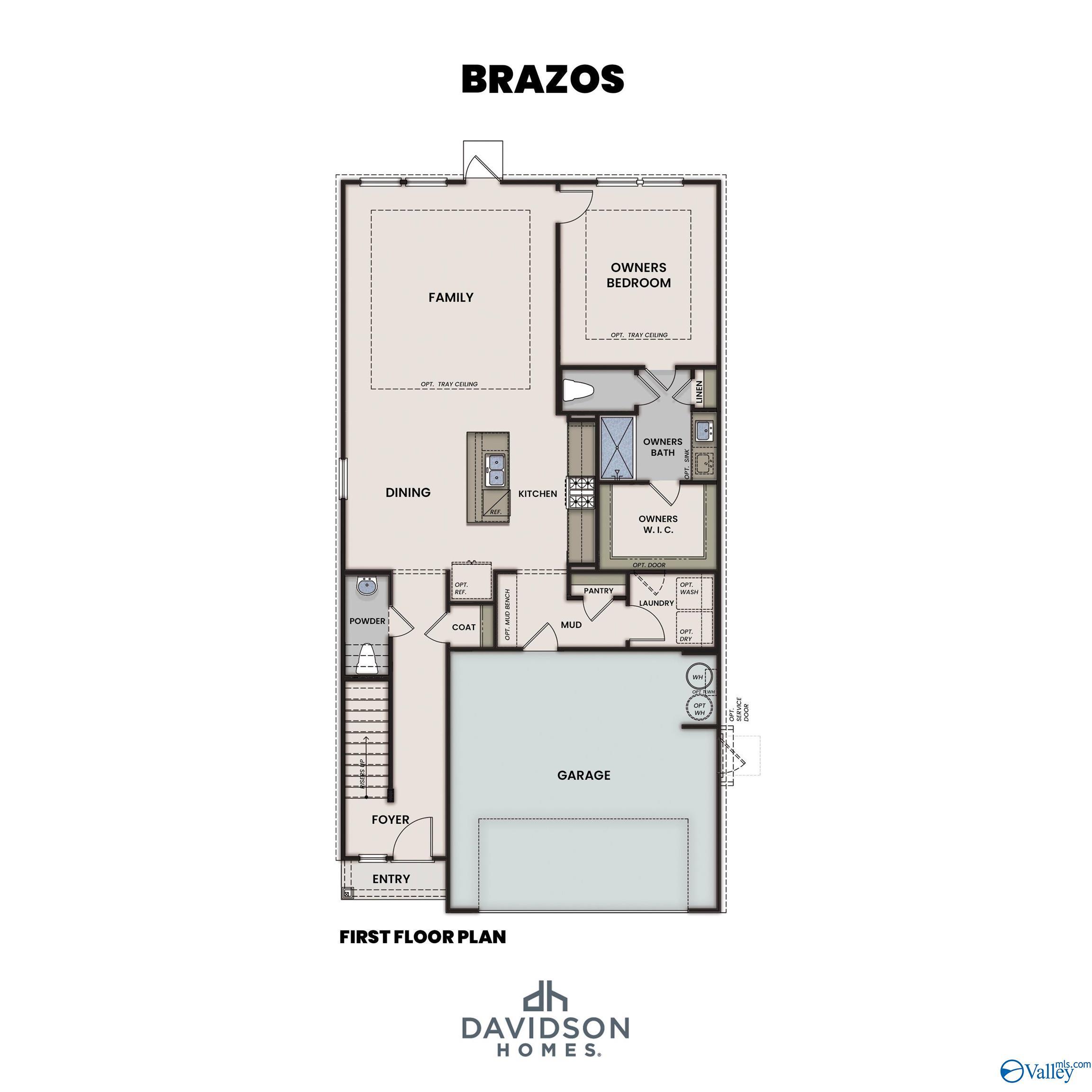 Brazos first floor plan by Davidson Homes: open family room, kitchen, dining, owners suite, powder room, laundry, 2-car garage in Meridianville AL
