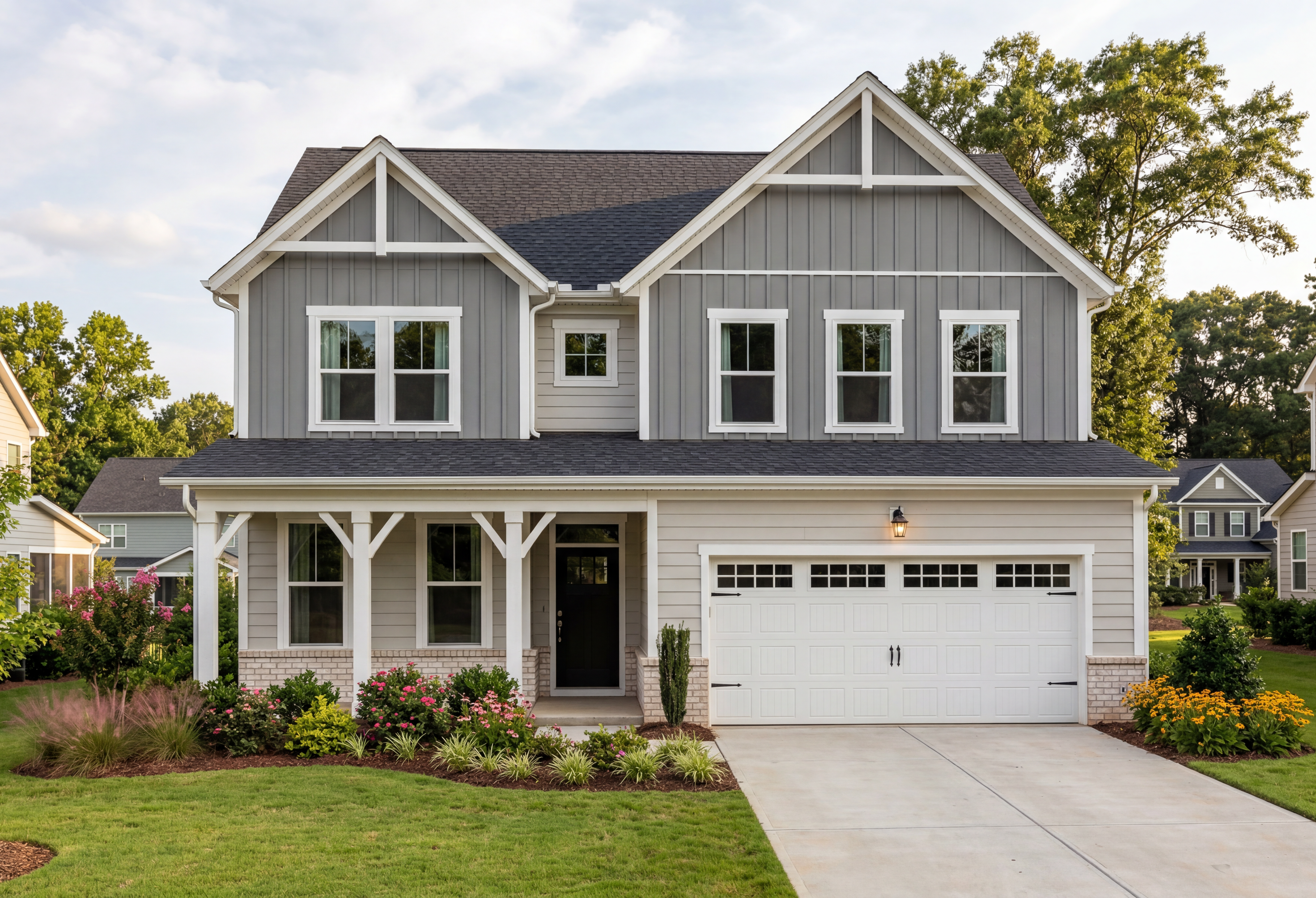Modern two-story The Willow B home elevation with gray board-and-batten siding, covered porch, two-car garage, and landscaped yard in Mooresville NC