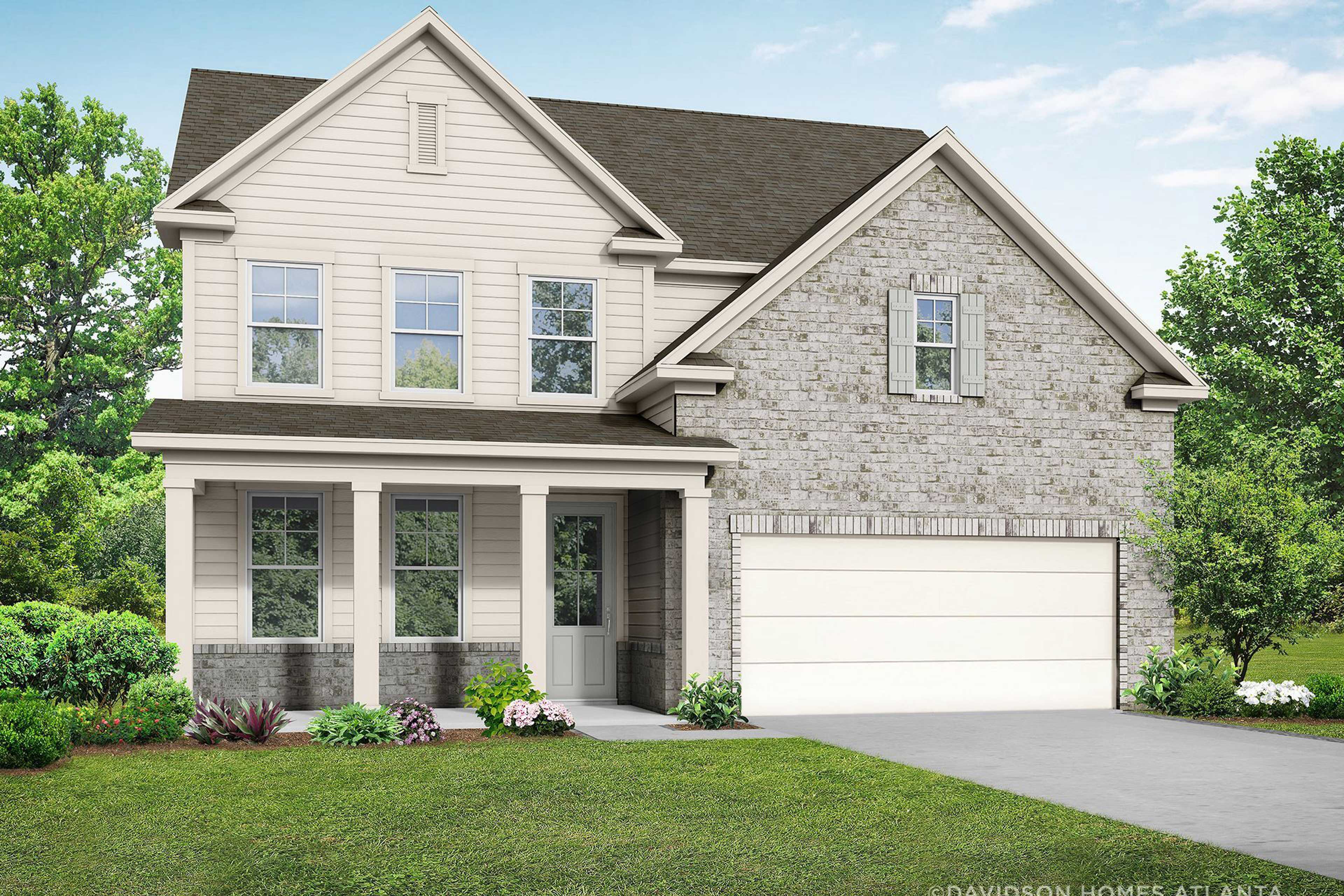 Two-story Hickory C home exterior with stone accents, beige siding, covered porch, and 3-car garage at Wehunt Meadows, Hoschton GA
