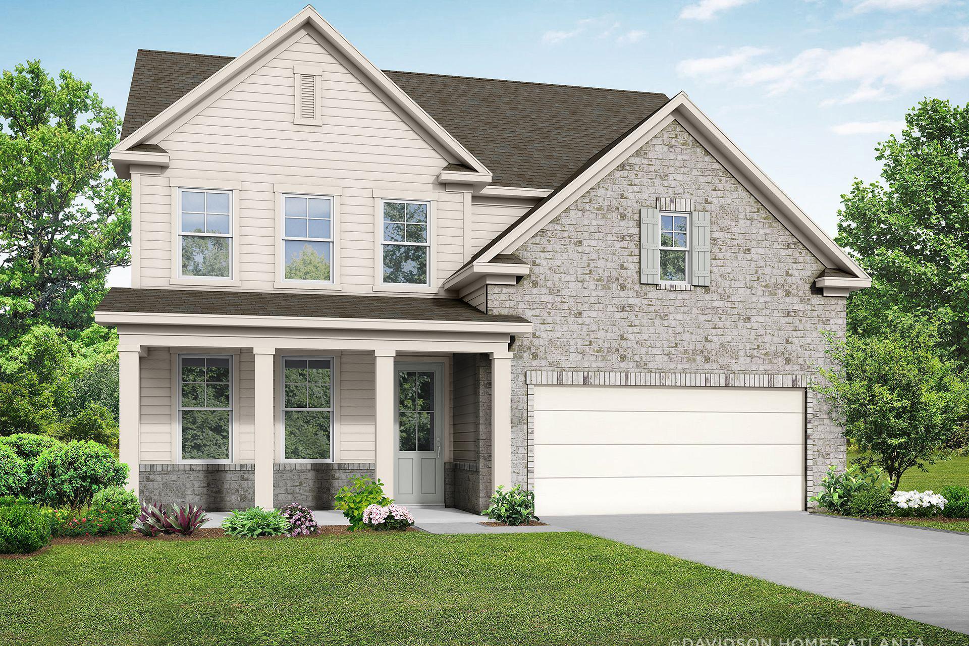 Two-story Hickory C home exterior with stone accents, beige siding, covered porch, and 3-car garage at Wehunt Meadows, Hoschton GA