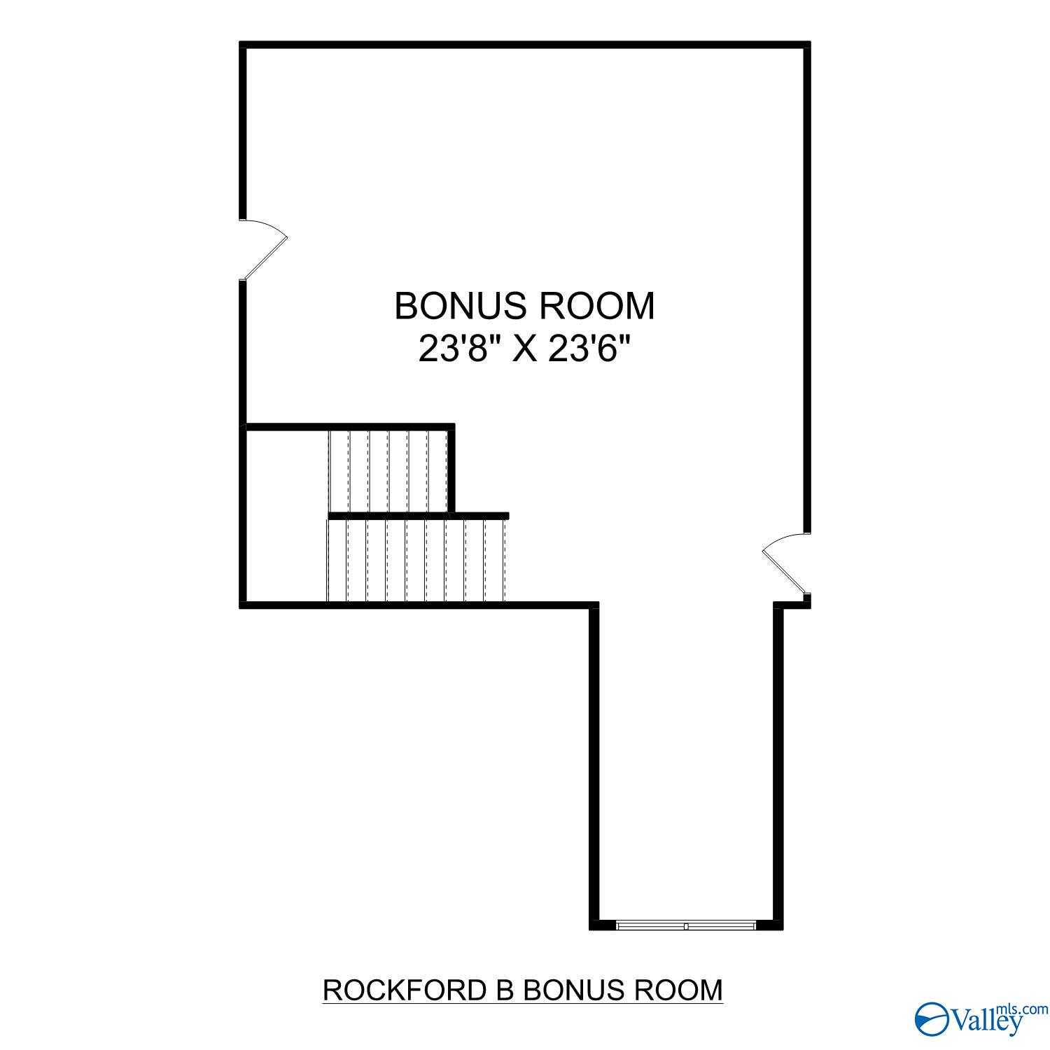 Rockford B bonus room floor plan featuring 23x23 space and stairs in Davidson Homes, Kendall Farms, Toney, Alabama