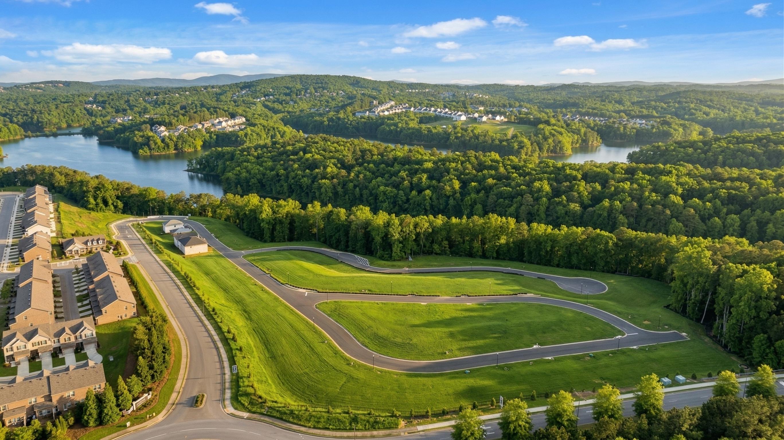 Aerial view of craftsman townhomes in The Bluffs, Canton, Georgia, nestled amid green forests and lake with winding roads
