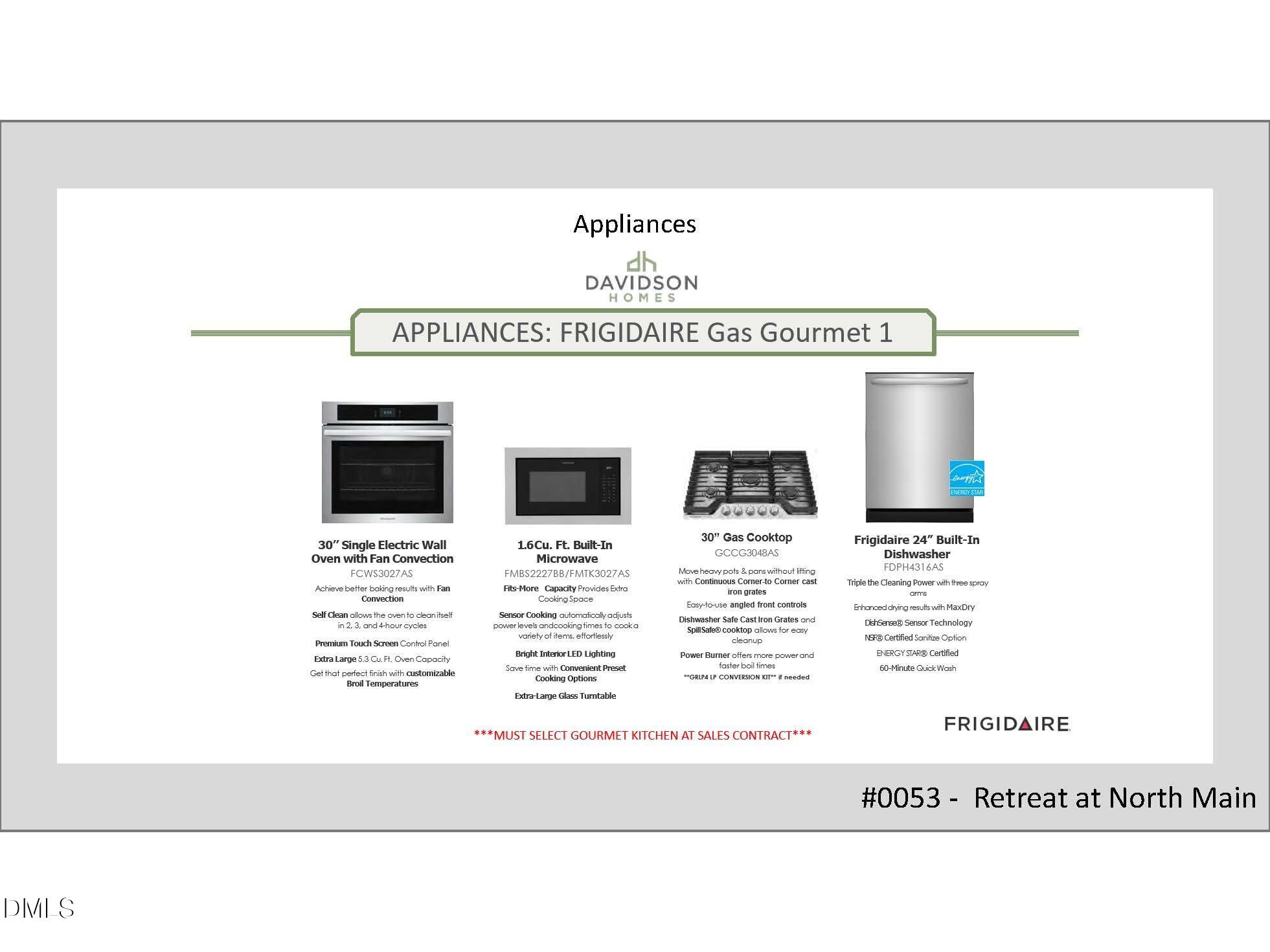 Frigidaire Gallery gas kitchen appliances: 30" electric wall oven, gas cooktop, dishwasher in Davidson Homes Grace C, Retreat at North Main, Lillington, NC