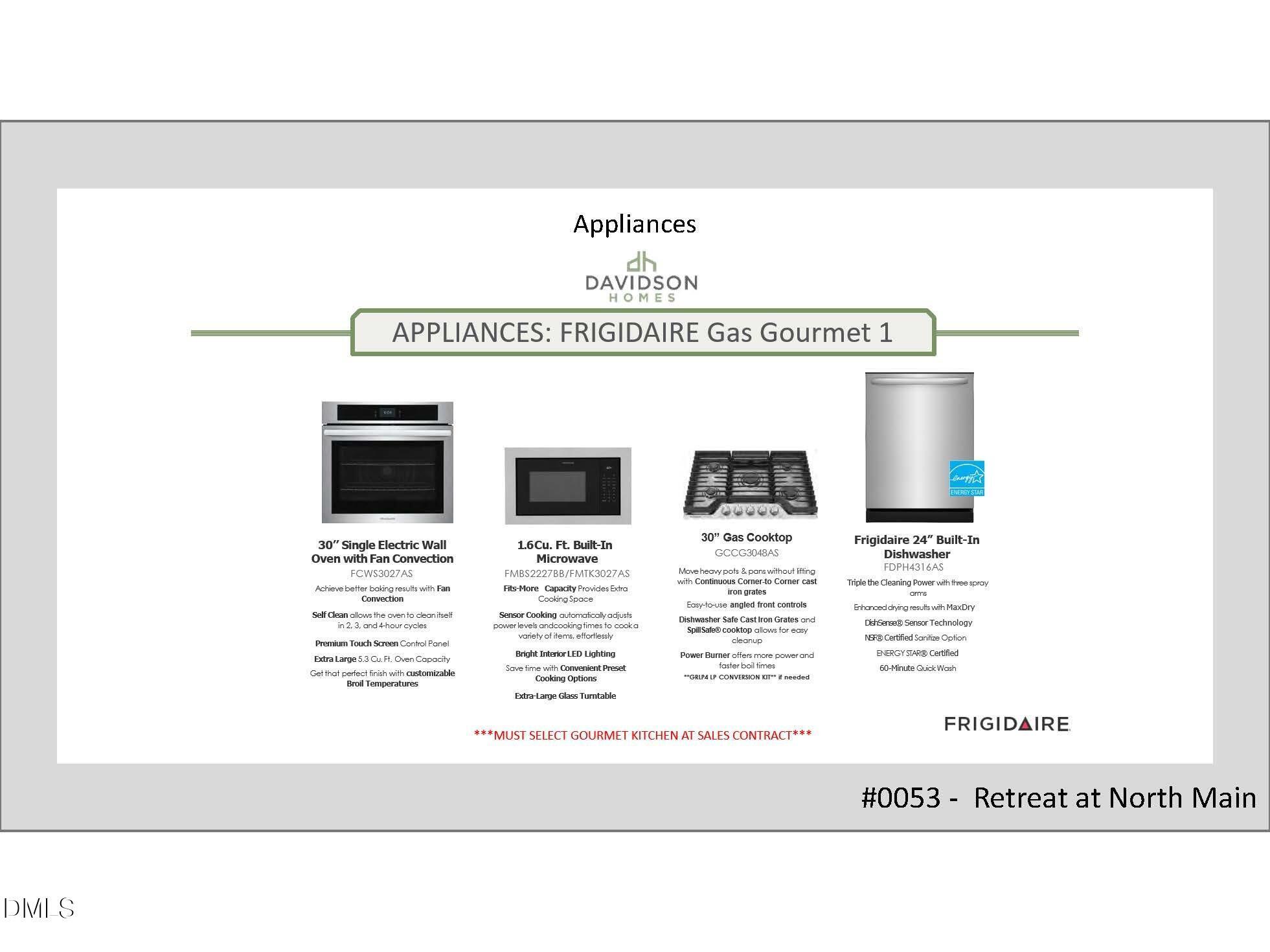 Frigidaire Gallery gas kitchen appliances: 30" electric wall oven, gas cooktop, dishwasher in Davidson Homes Grace C, Retreat at North Main, Lillington, NC