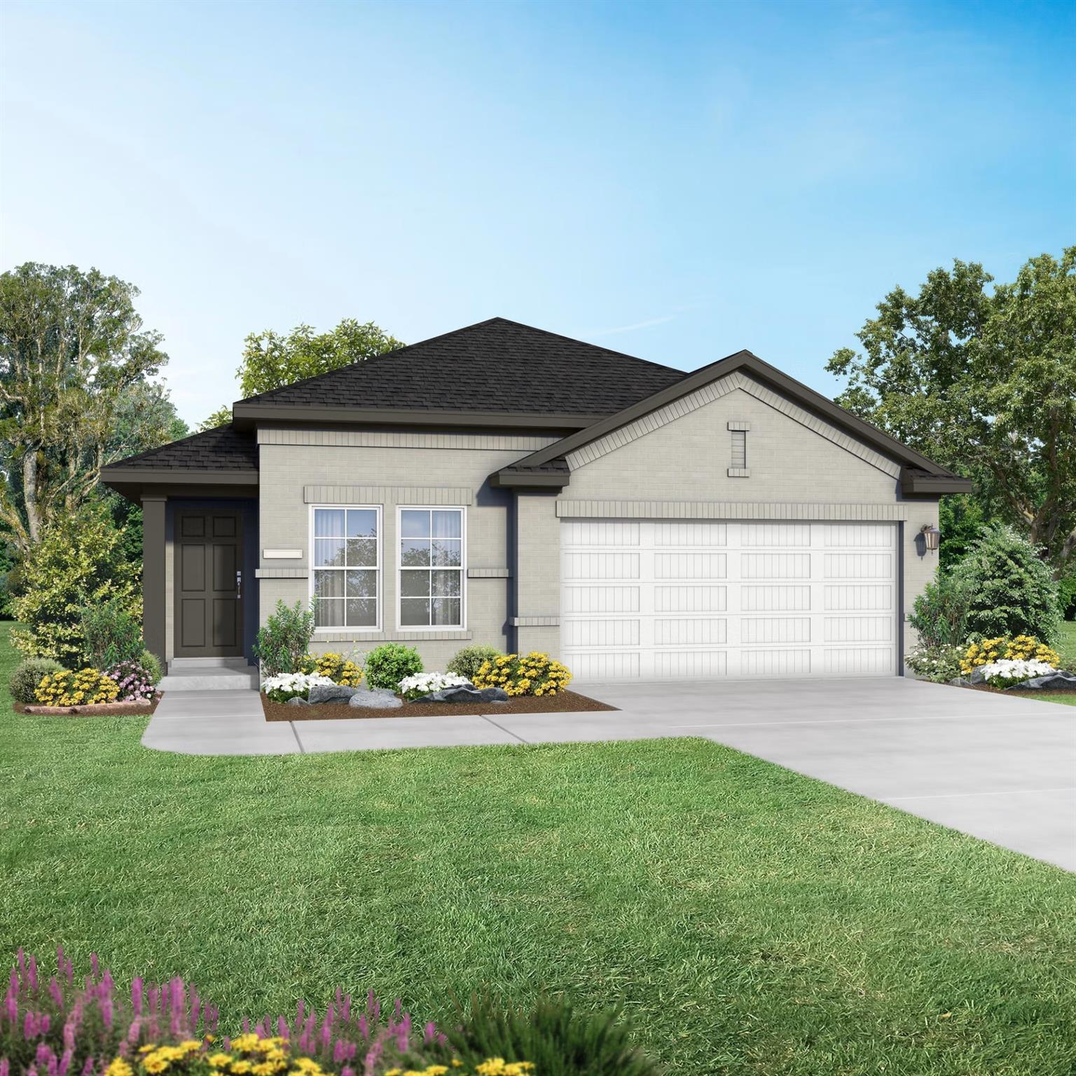 Modern beige 1-story Riviera A home by Davidson Homes in Emberly, Beasley, Texas, with 2-car garage, black roof, and vibrant front landscaping