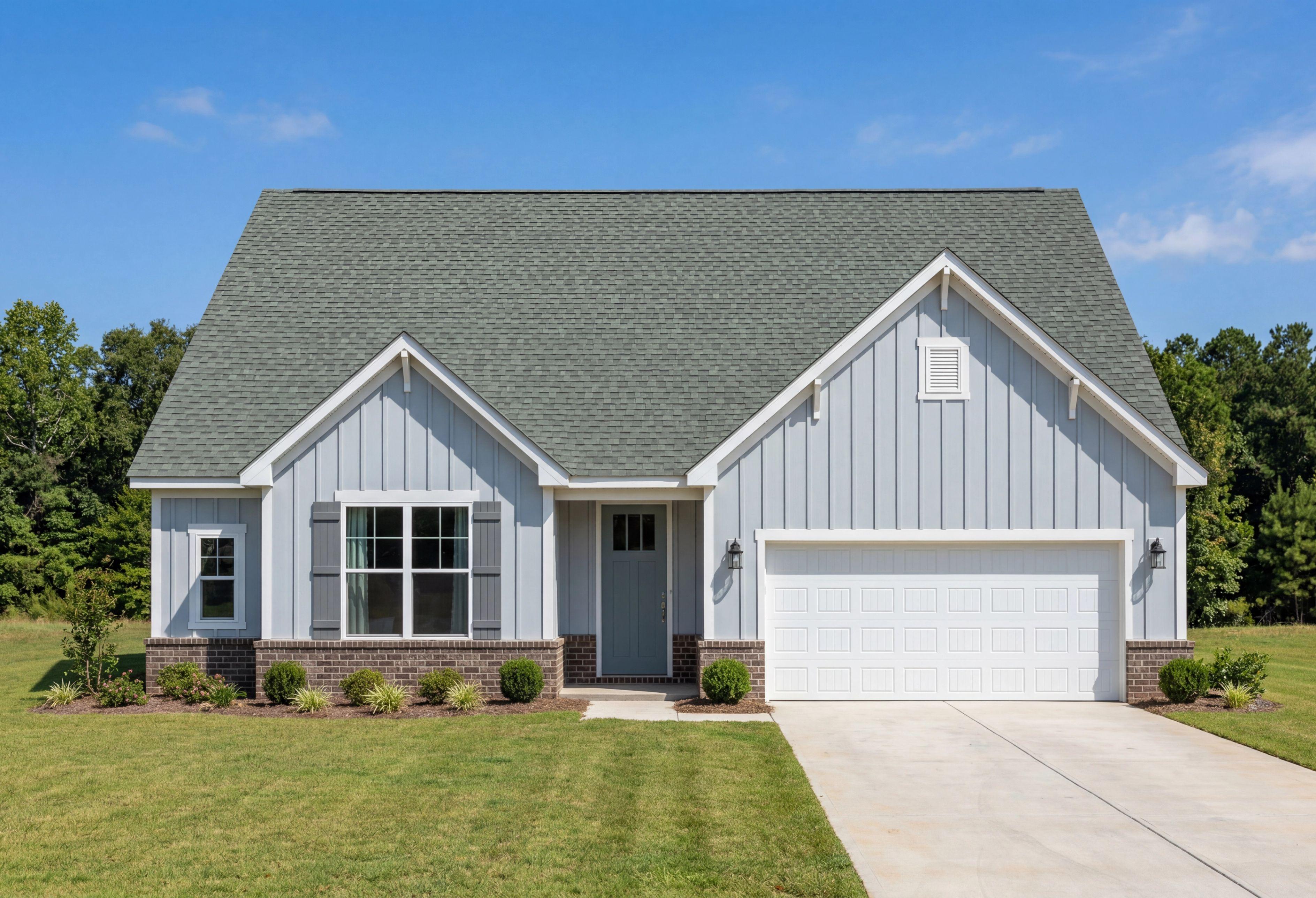 The Montgomery by Davidson Homes featuring a 1-story, 2-car garage design with light blue siding and brick accents.