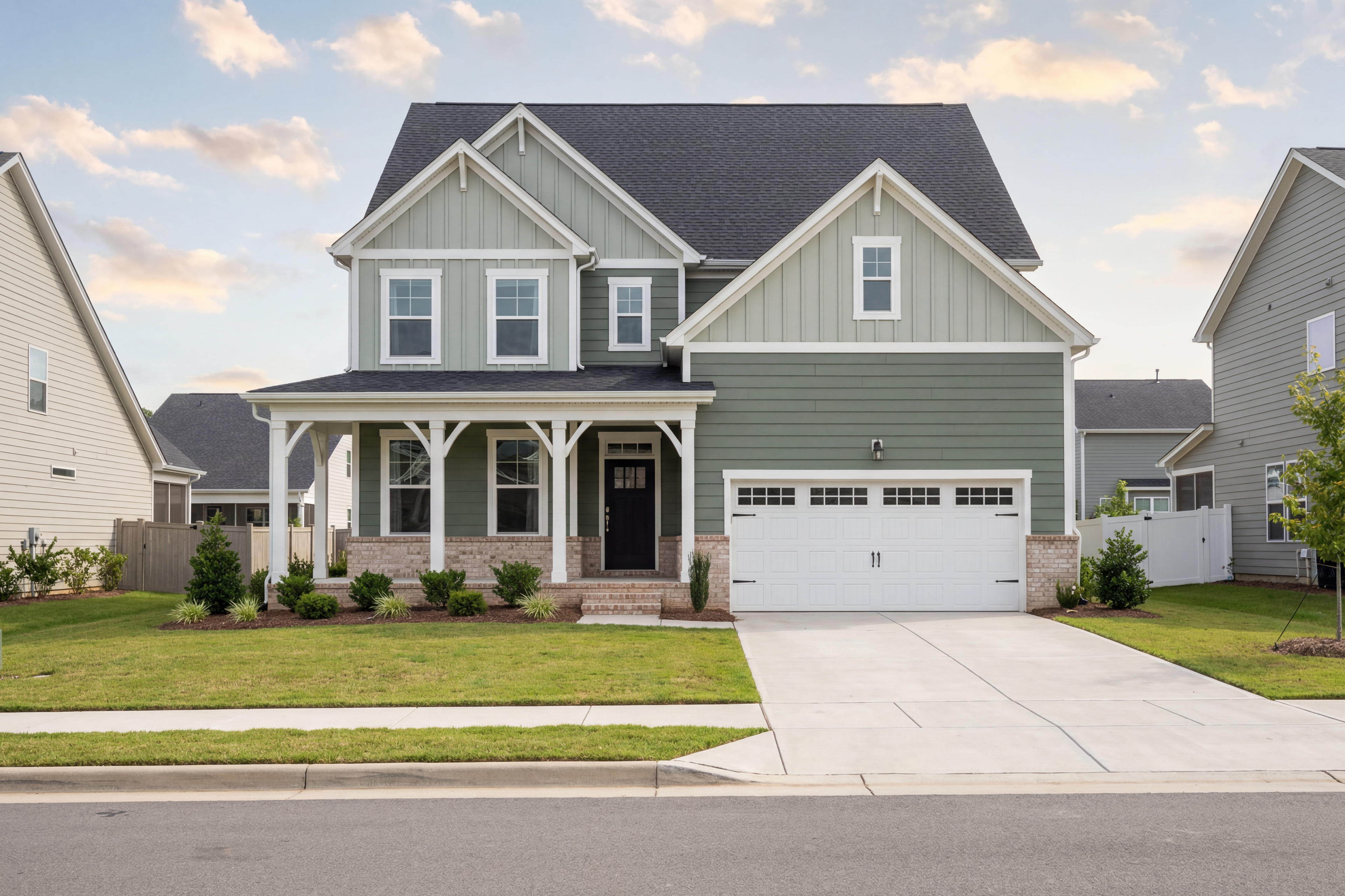Two-story The Hickory II elevation in Holly Springs NC with sage green vinyl siding, brick accents, covered porch, and 2-car garage