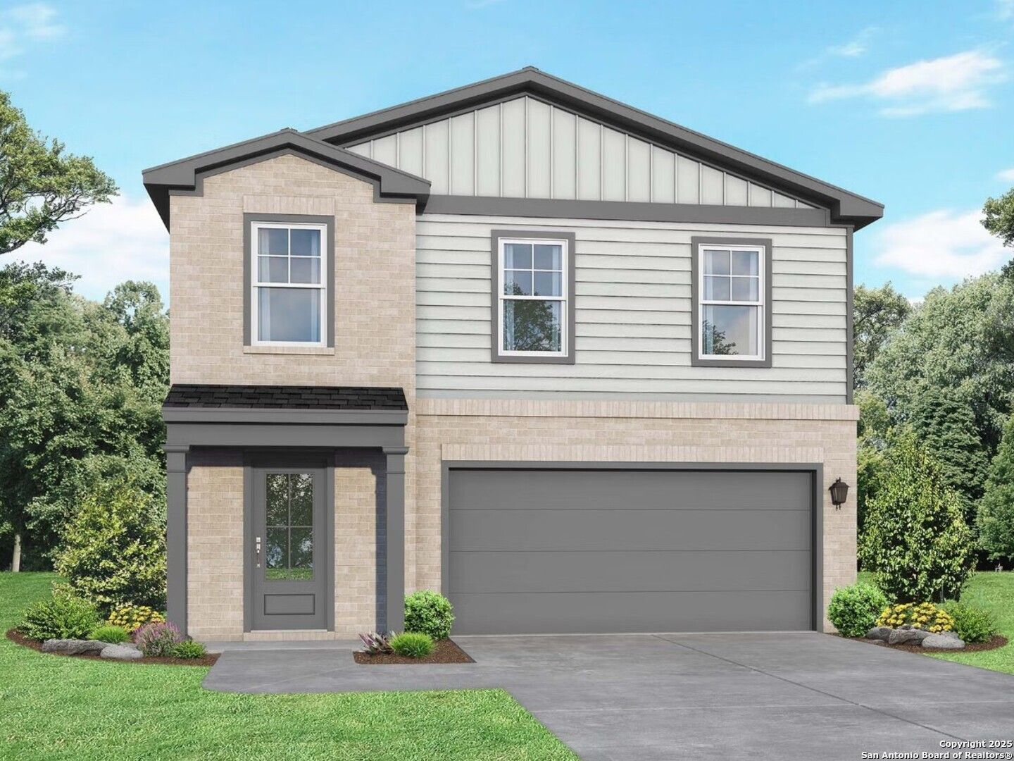 Two-story beige brick home with gray siding, 2-car garage, covered entry, and landscaped yard in Applewhite Meadows, San Antonio, Texas