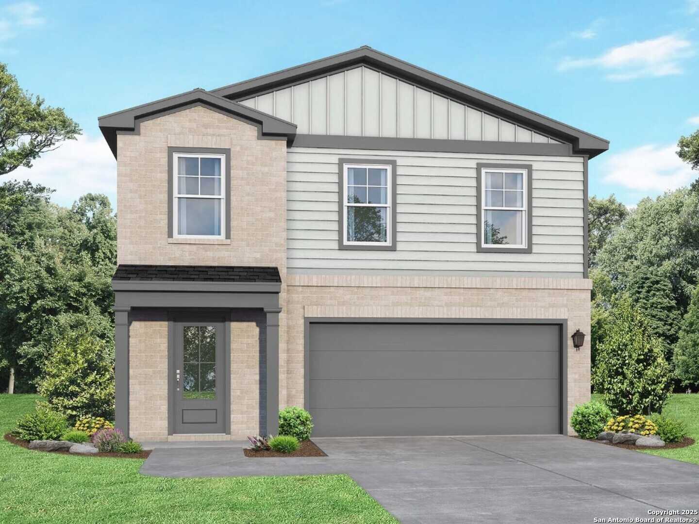 Two-story beige brick home with gray siding, 2-car garage, covered entry, and landscaped yard in Applewhite Meadows, San Antonio, Texas