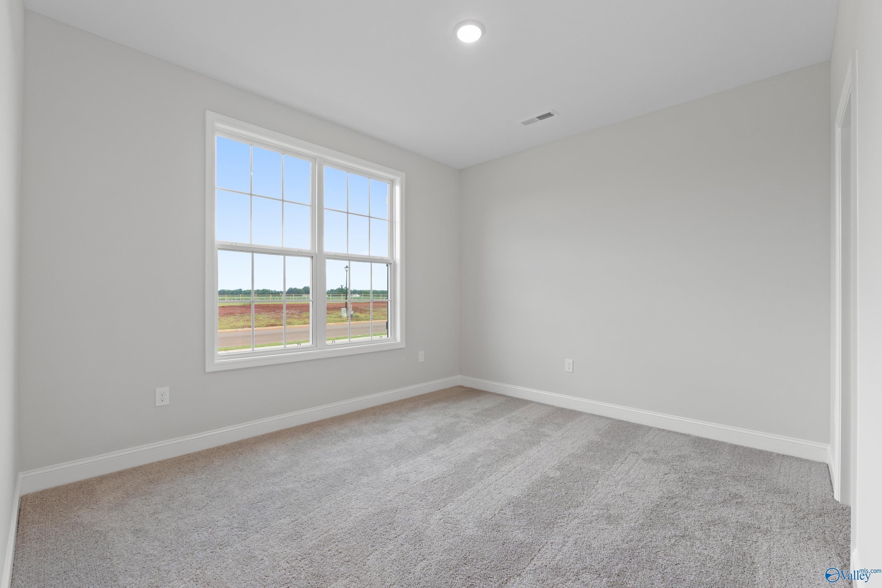 Bright bedroom with large windows overlooking fields, gray carpet, and light walls in Davidson Homes The Rockford B, Toney, Alabama