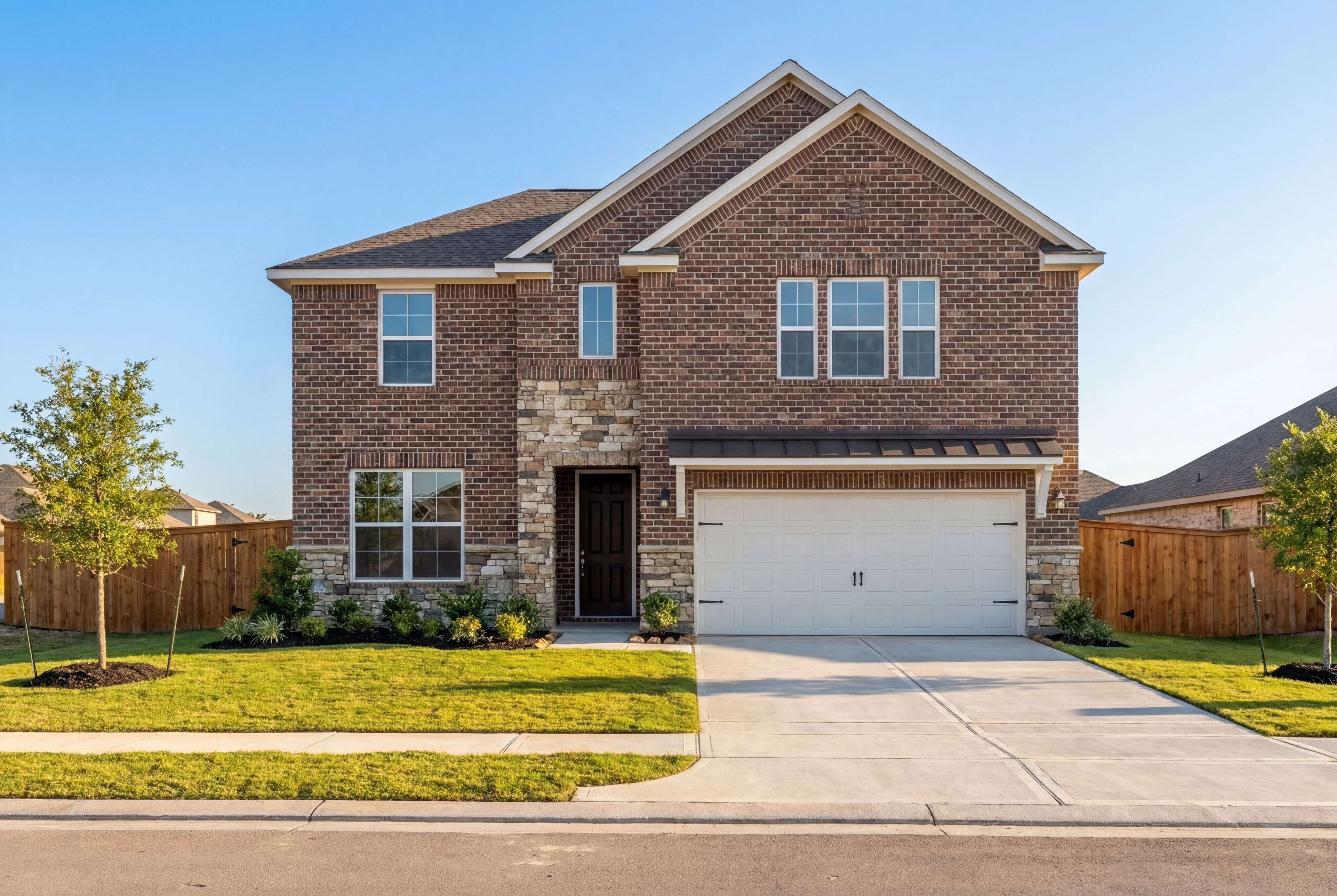 Modern two-story Sequoia B home elevation with brick and stone exterior, two-car garage, and landscaped front yard in Crosby Texas