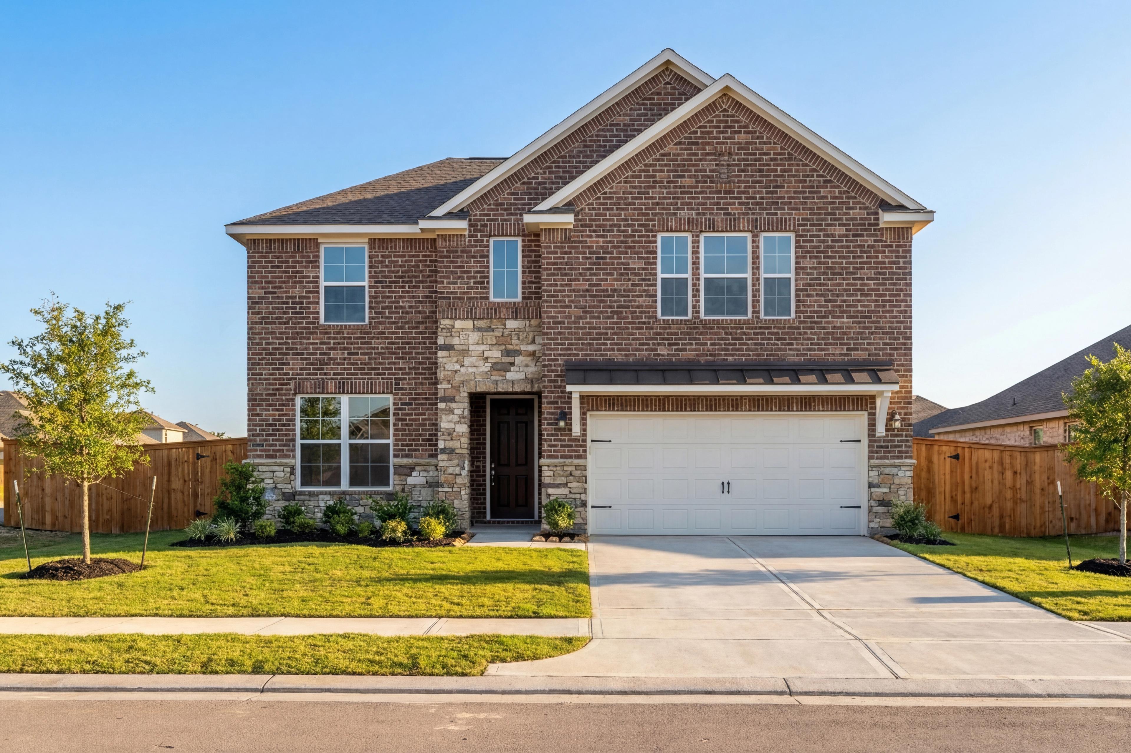 Modern two-story Sequoia B home elevation with brick and stone exterior, two-car garage, and landscaped front yard in Crosby Texas