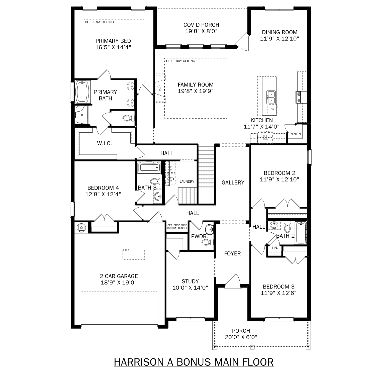 First floor plan of The Harrison by Davidson Homes: primary suite, open family room, kitchen, dining, and 2-car garage in Meridianville AL