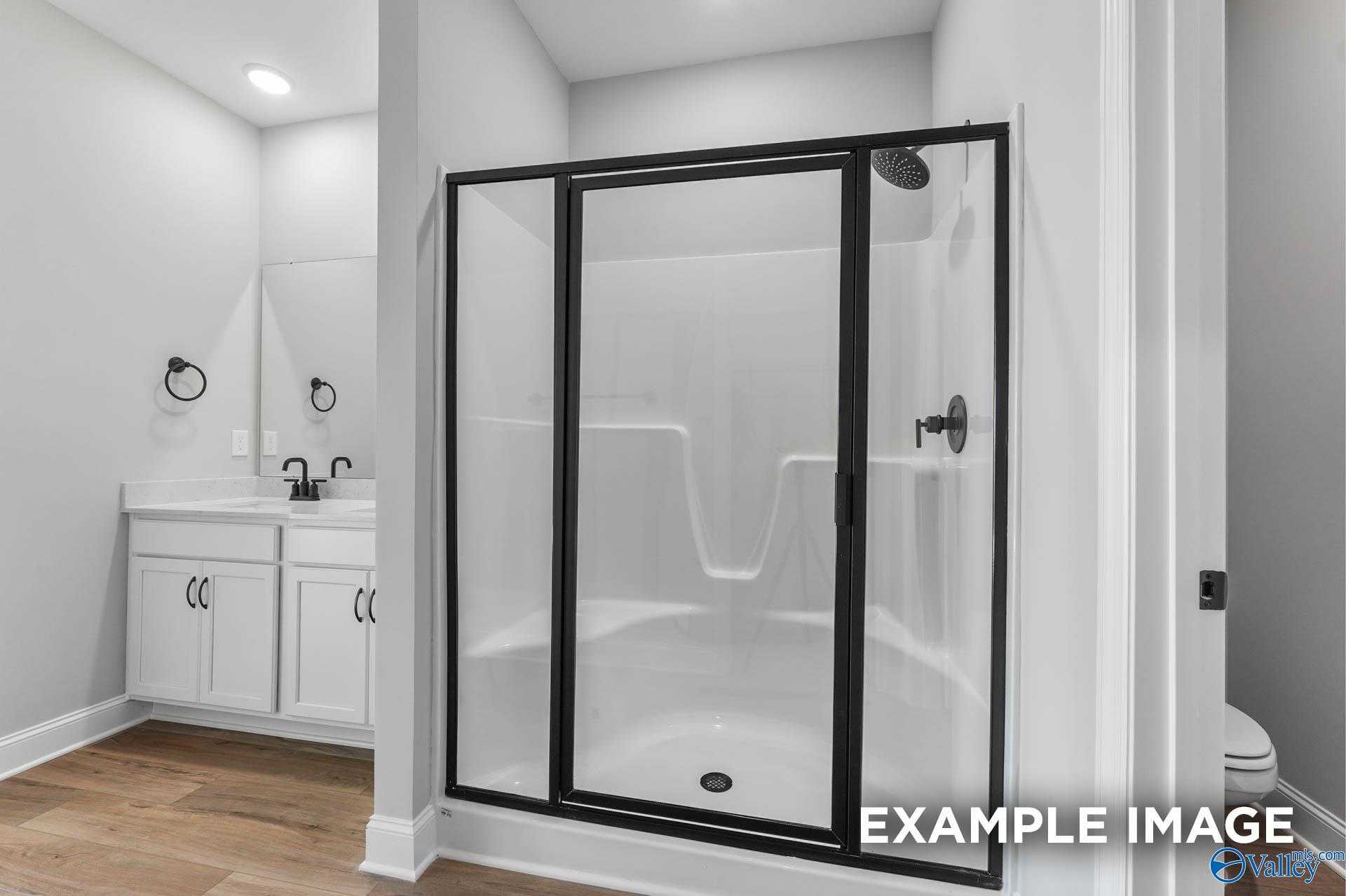 Modern master bathroom with black-framed glass walk-in shower, white vanity sink, and toilet in Davidson Homes The Daphne C, Athens, Alabama