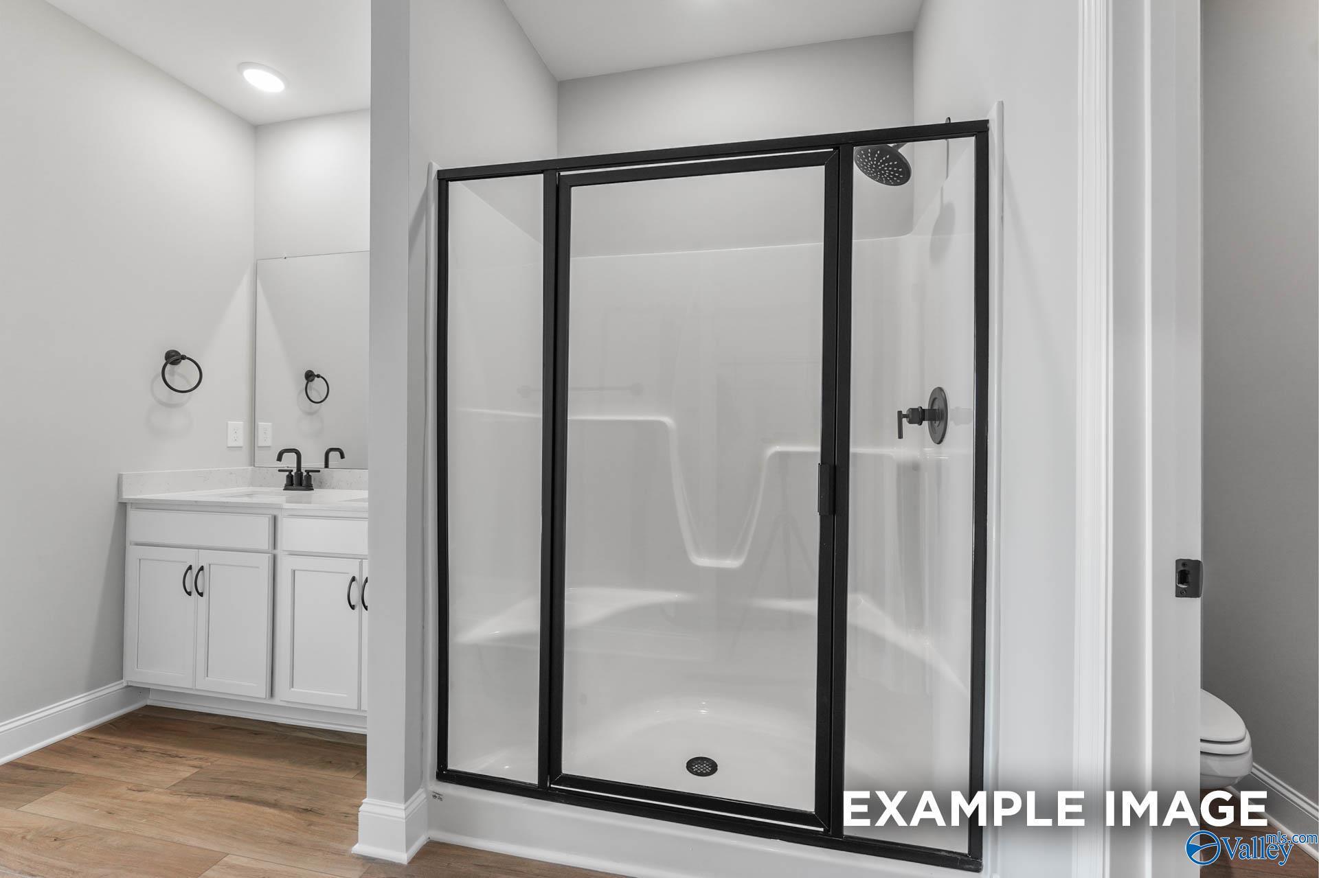 Modern master bathroom with black-framed glass walk-in shower, white vanity sink, and toilet in Davidson Homes The Daphne C, Athens, Alabama
