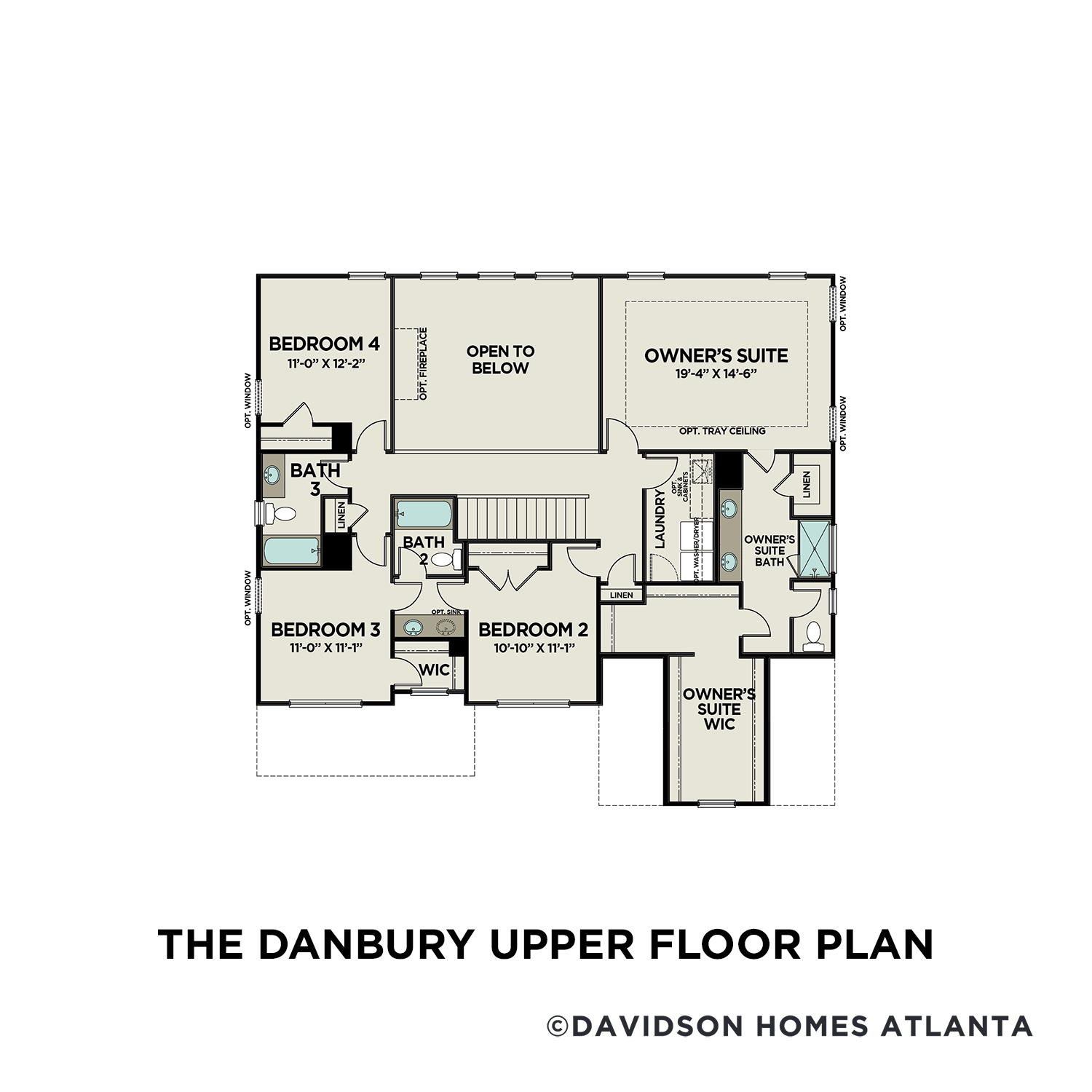 Upper floor plan of The Danbury featuring owner's suite, bedrooms 2-4, baths, and walk-in closets by Davidson Homes