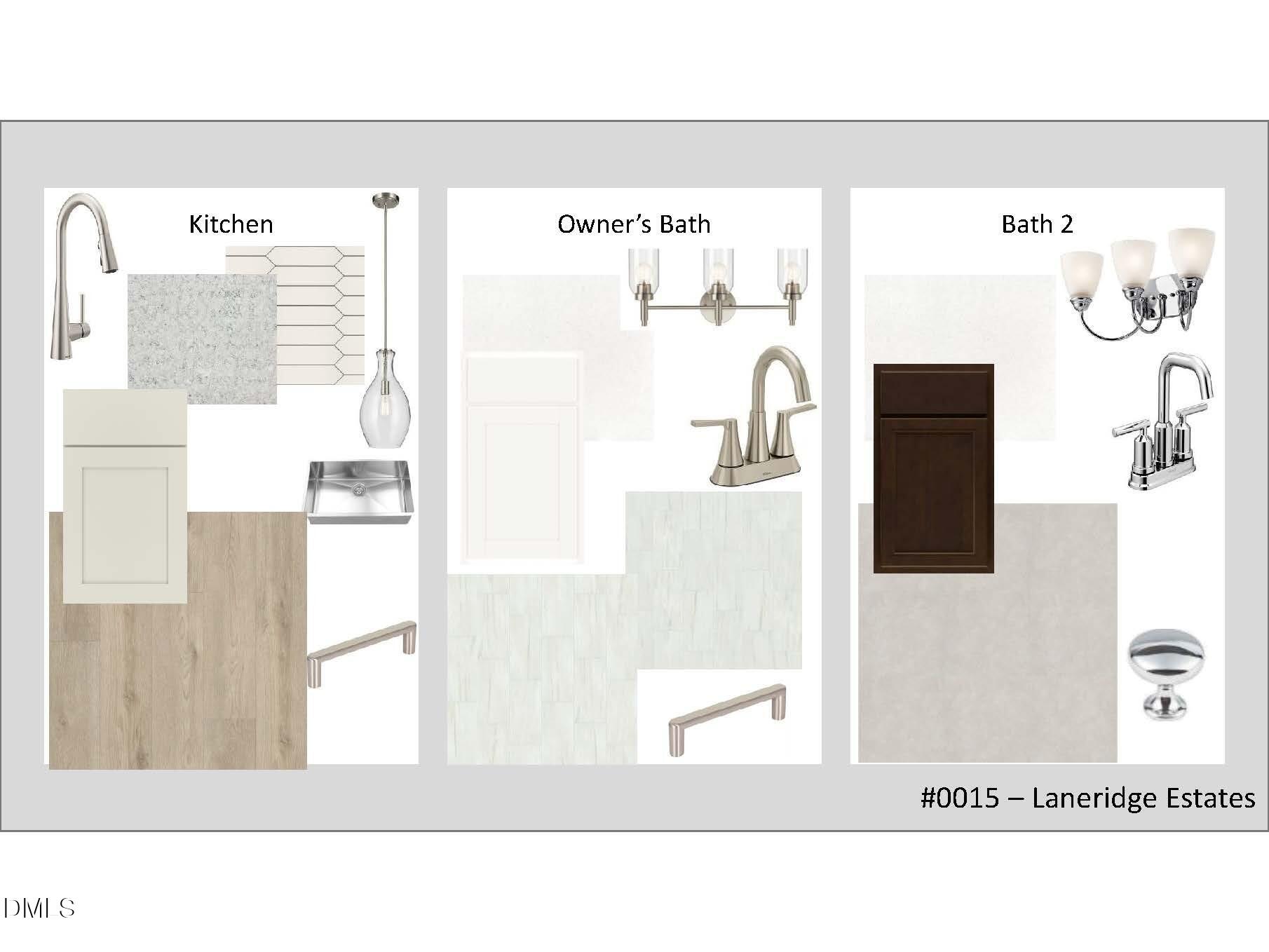 Interior design board for kitchen faucets, tiles, cabinets; owner's bath vanity, lighting; bath 2 fixtures in Davidson Homes Crawford D, Laneridge Estates, Raleigh, NC