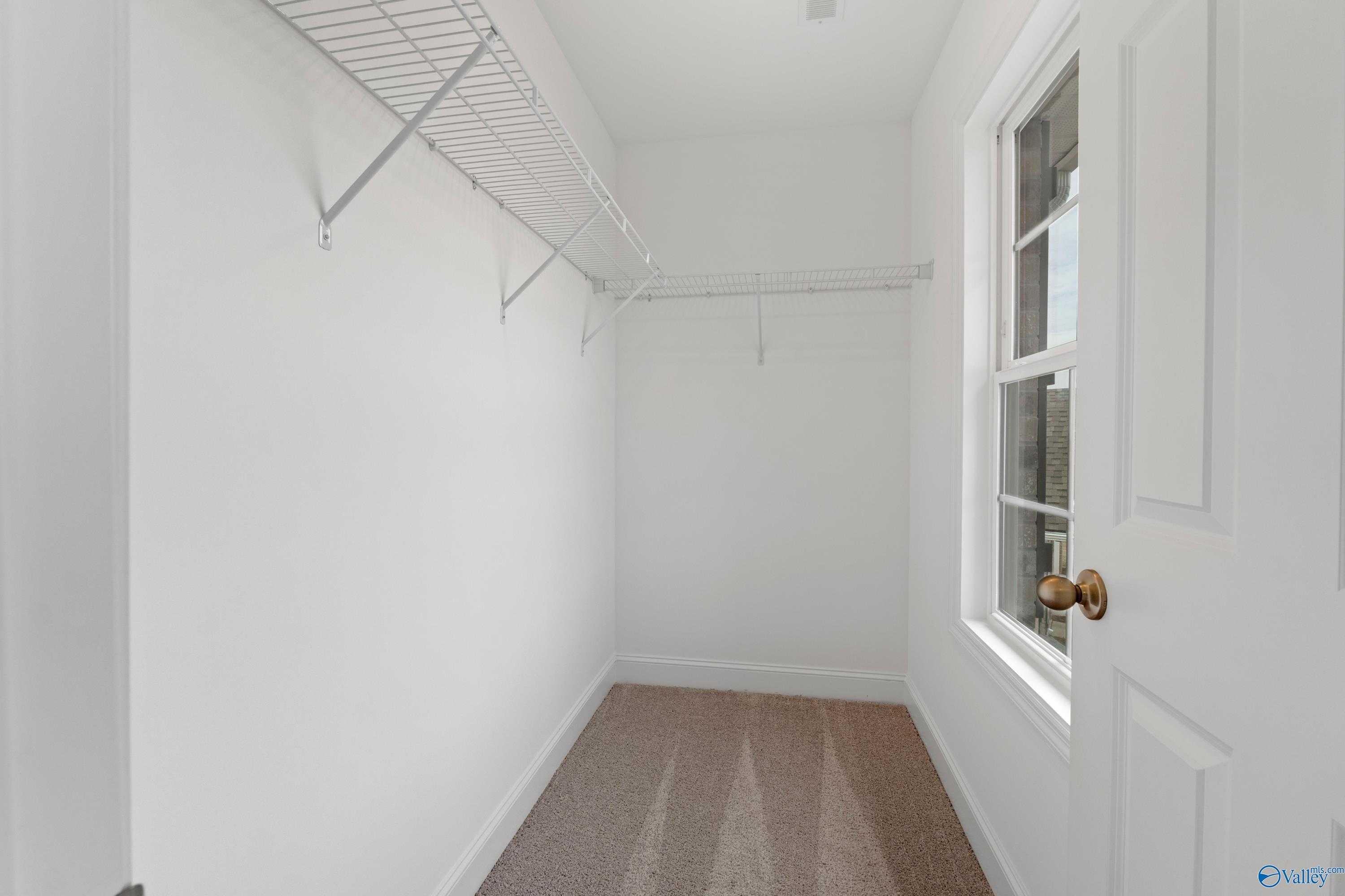 Spacious walk-in closet with wire shelving, hanging rods, and window in The Aiken by Davidson Homes, Meridianville, Alabama