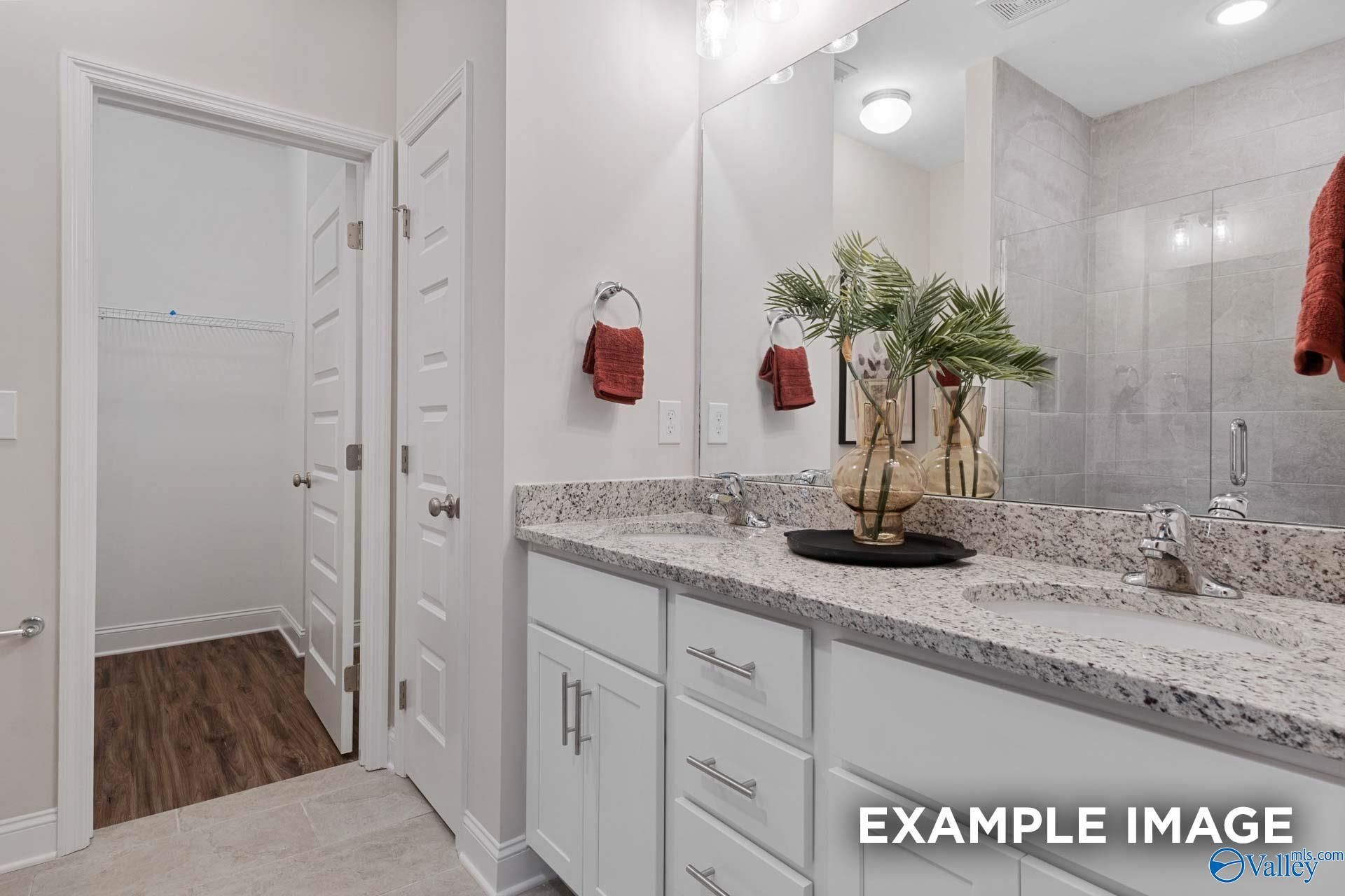 Dual vanity bathroom with granite countertops and walk-in closet in Davidson Homes The Camilla C, Hartselle, Alabama