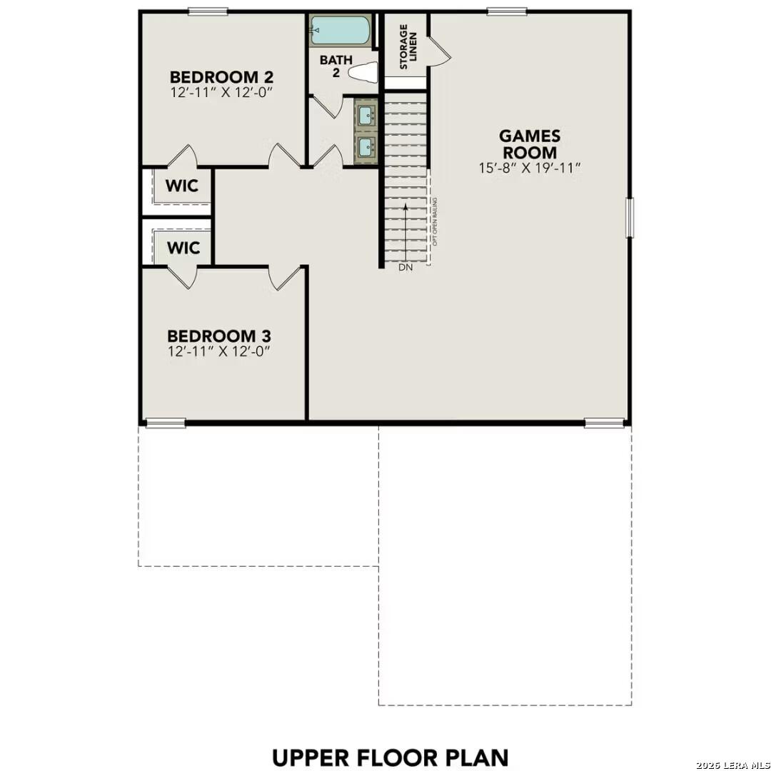 Upper floor plan of The Douglas C: 4-bedroom layout with Bedroom 2, games room, Bedroom 3, baths, WICs in Converse, Texas