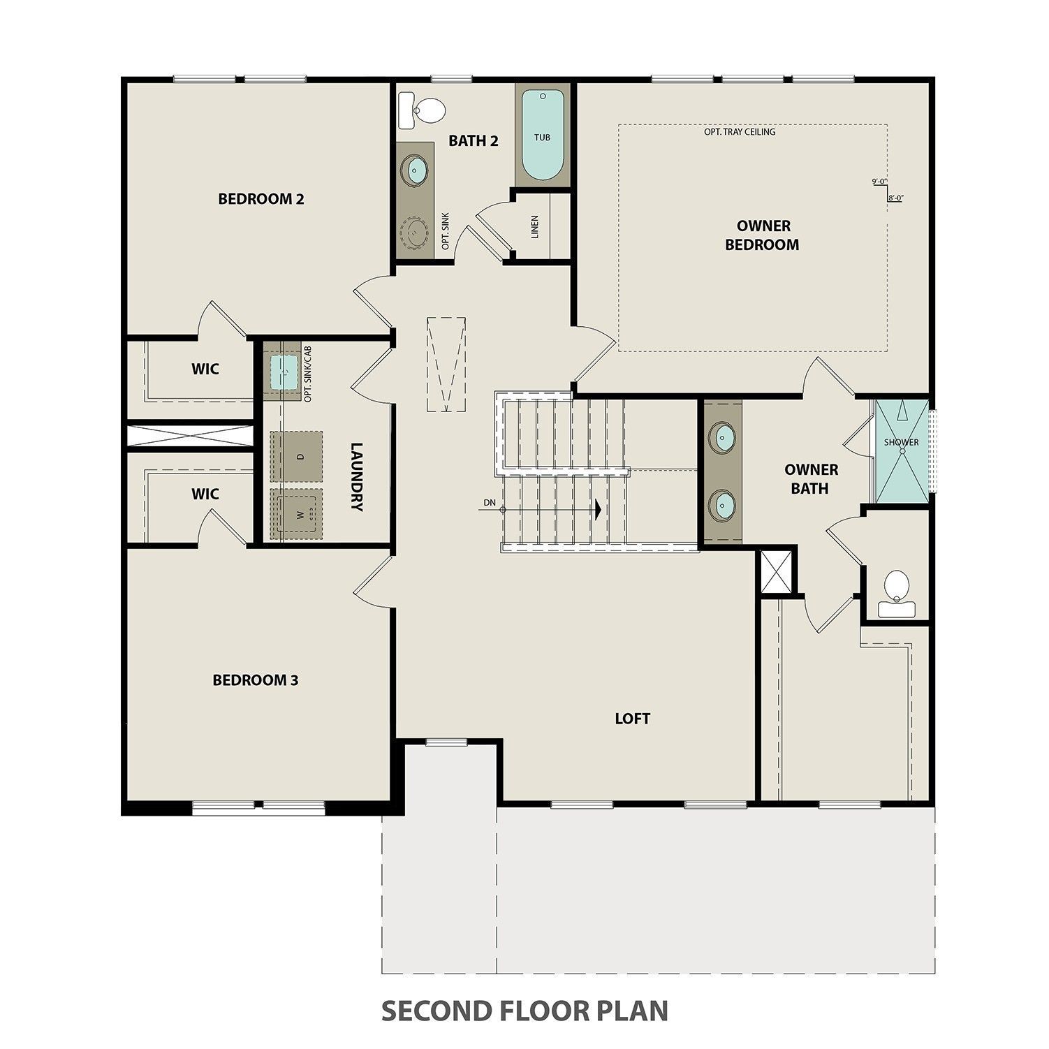 The Willow C second floor plan: owner's suite, bedrooms 2 & 3, loft, baths in 3-bed Davidson Homes, Gallatin, TN