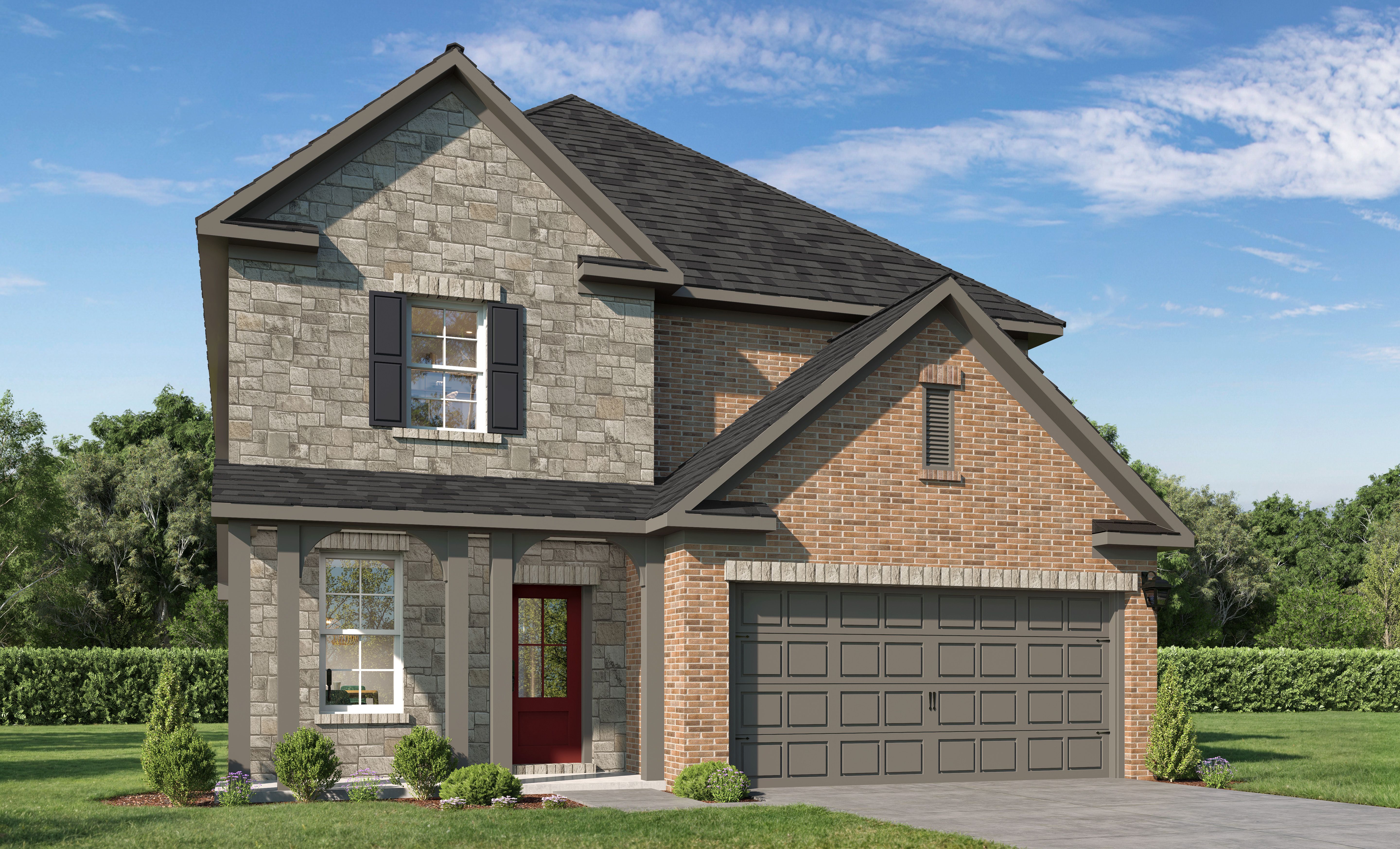 Two-story The Lakeshore home elevation by Davidson Homes featuring stone and brick exterior, red front door, gray two-car garage, and landscaped yard
