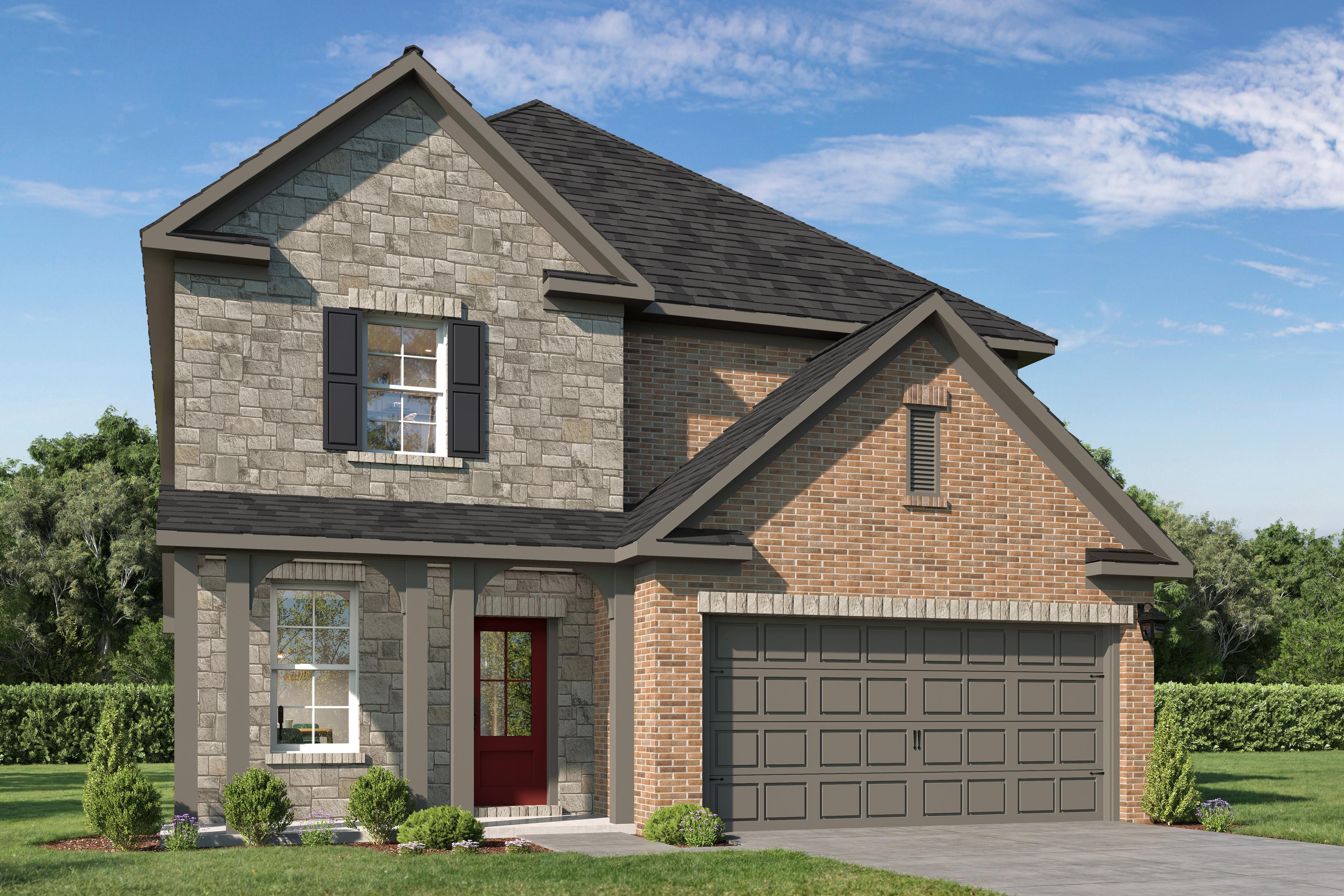 Two-story The Lakeshore home elevation by Davidson Homes featuring stone and brick exterior, red front door, gray two-car garage, and landscaped yard