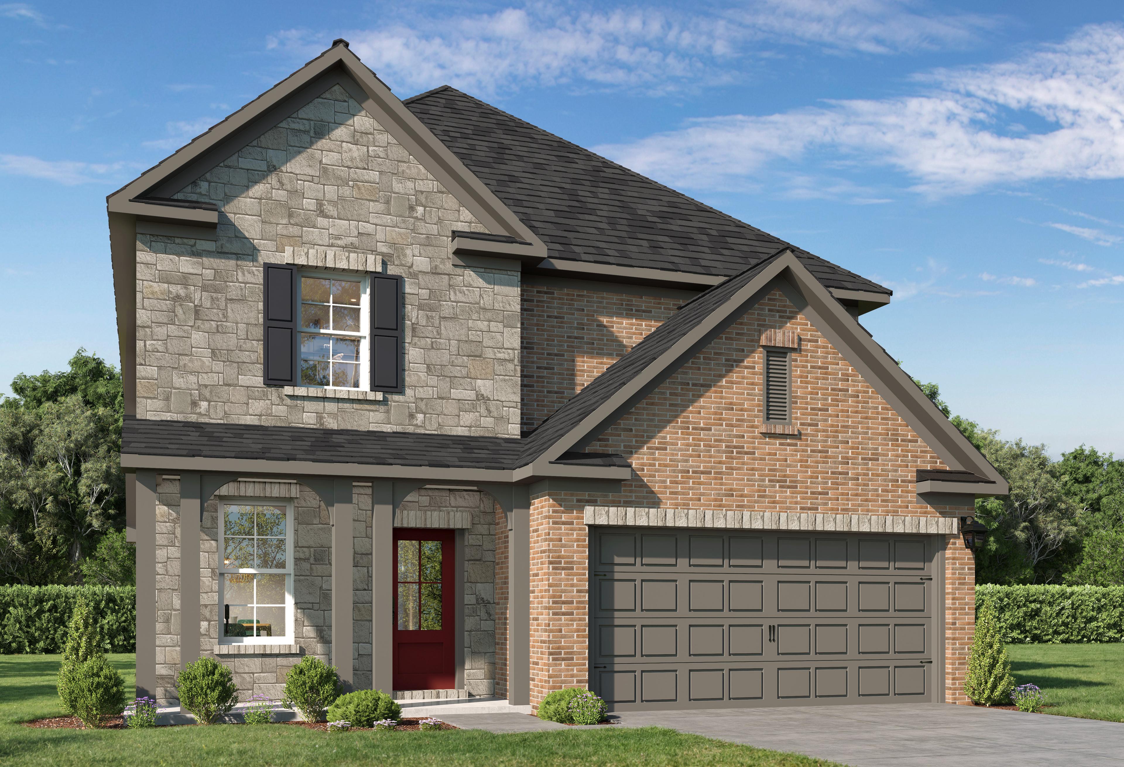 Two-story The Lakeshore home elevation by Davidson Homes featuring stone and brick exterior, red front door, gray two-car garage, and landscaped yard