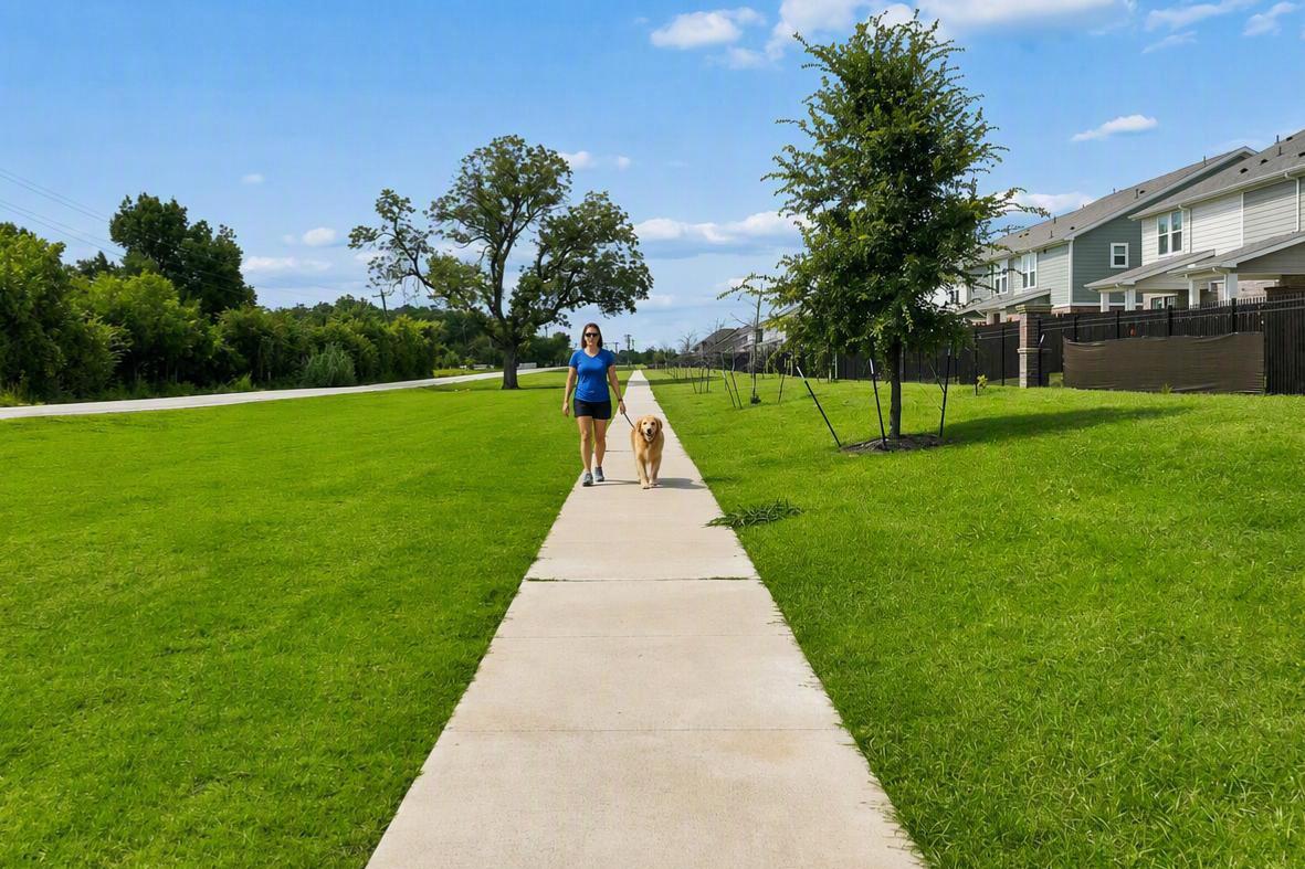 Community sidewalk with female walking her dog