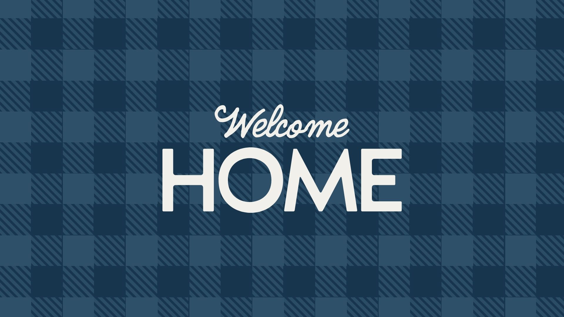 Navy blue plaid banner with cursive "Welcome" and bold "HOME" text for Huntsville new home presale at 4.99% fixed buydown