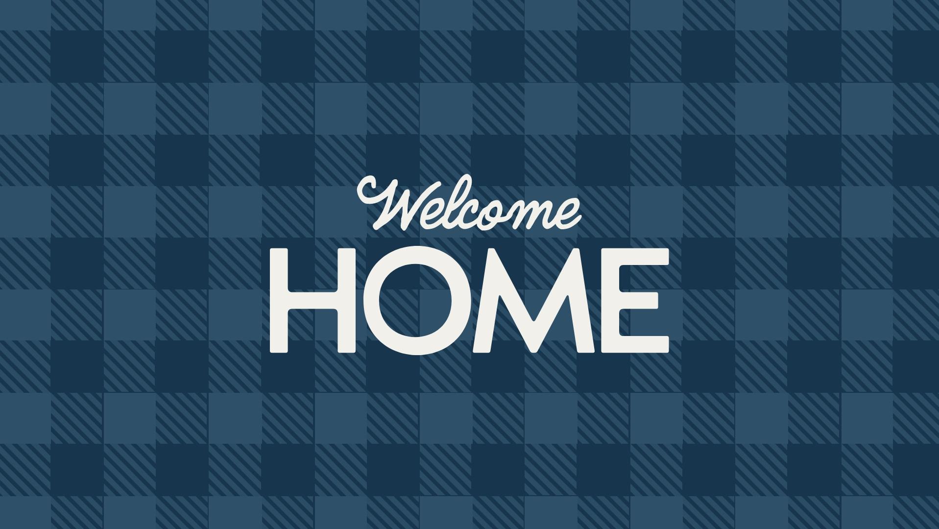 Navy blue plaid banner with cursive "Welcome" and bold "HOME" text for Huntsville new home presale at 4.99% fixed buydown